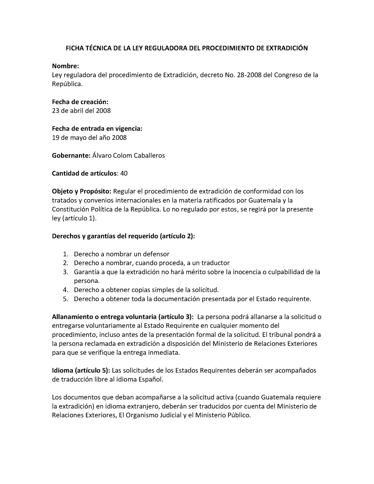 Ficha TÉ Cnica DE LA LEY Reguladora DEL Procedimiento DE ExtradicióN ...