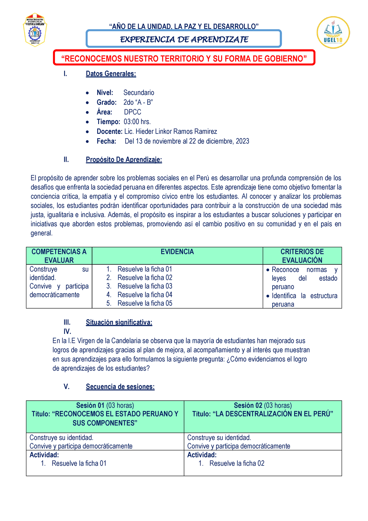 Experiencia DE Aprendizaje DPCC 2DO - 4 - “AÑO DE LA UNIDAD, LA PAZ Y ...