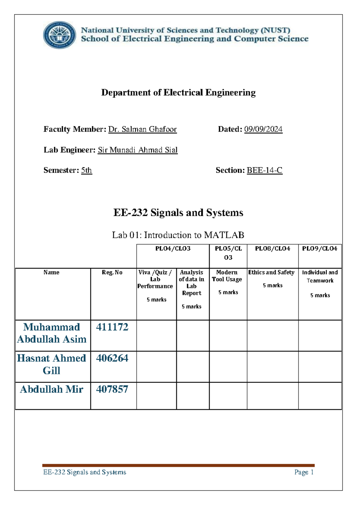 Sn S Lab # 01 - Lab Report - Department of Electrical Engineering ...