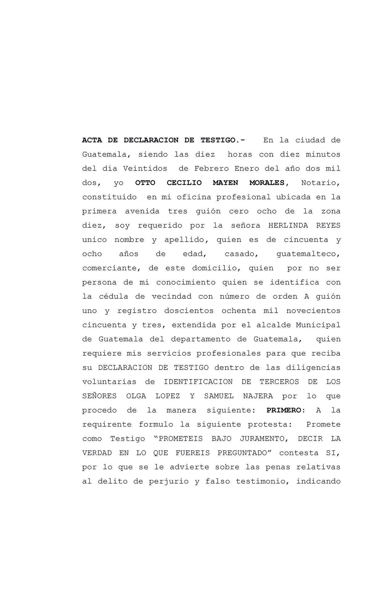 Acta De Declaracion De Testigo Ii Samuel Acta De Declaracion De Testigo En La Ciudad De 8839