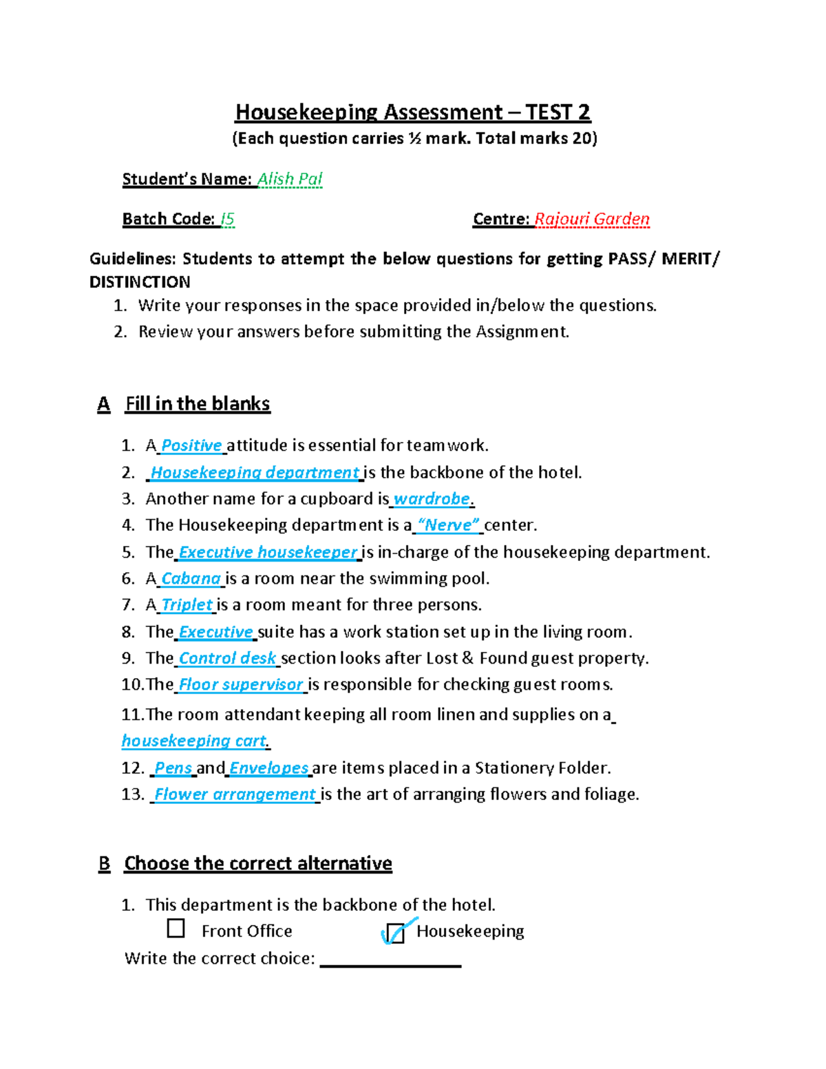 Housekeeping Assess. ANS Housekeeping Assessment TEST 2 (Each