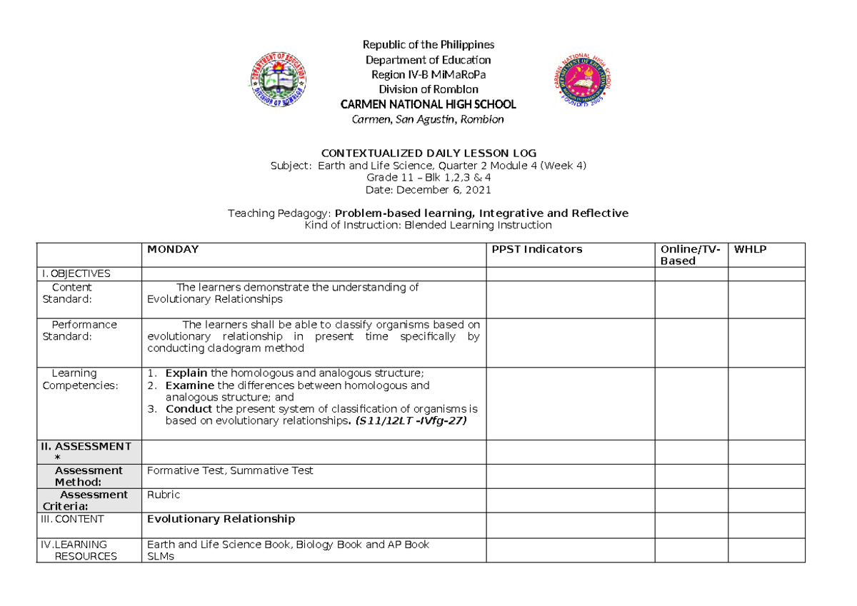 Earth & Life Science DLL - Republic of the Philippines Department of ...