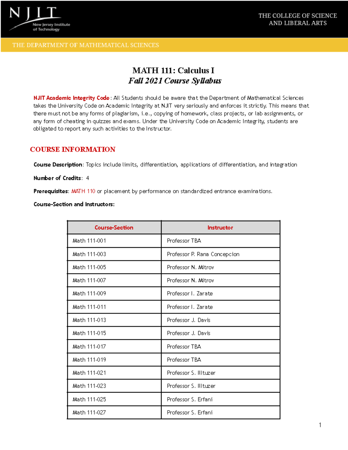 Math 111 F21 Syllabus MATH 111 Calculus I Fall 2021 Course