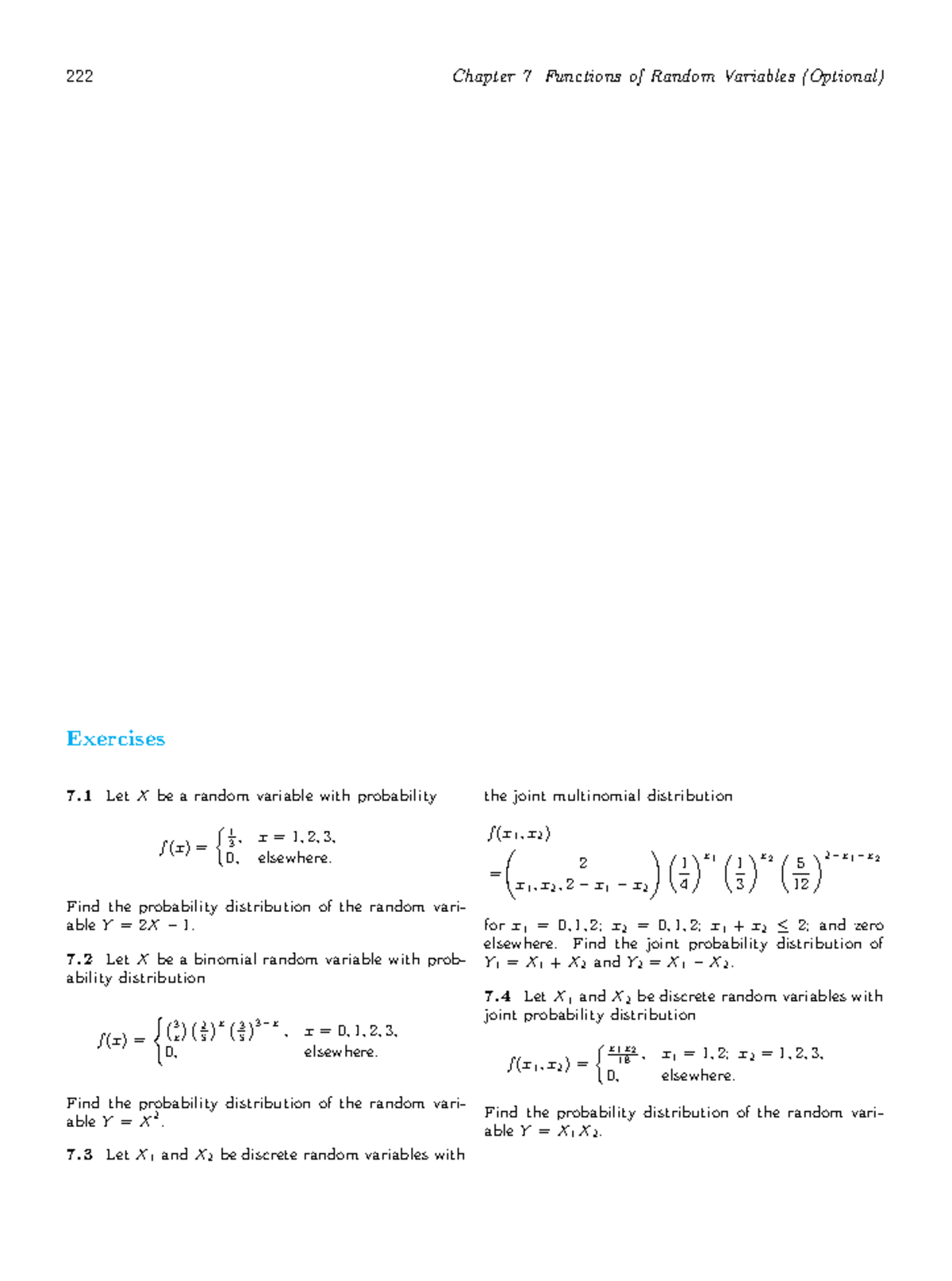 Exercises - Ch 7 - Functions Of Random Variables - // 222 Chapter 7 ...