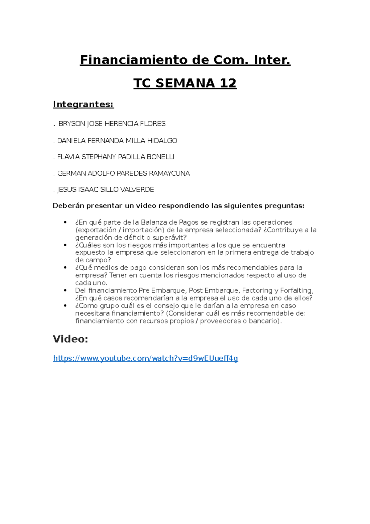 Trabajo de Campo Financiamiento semana 12 - Financiamiento de Com ...