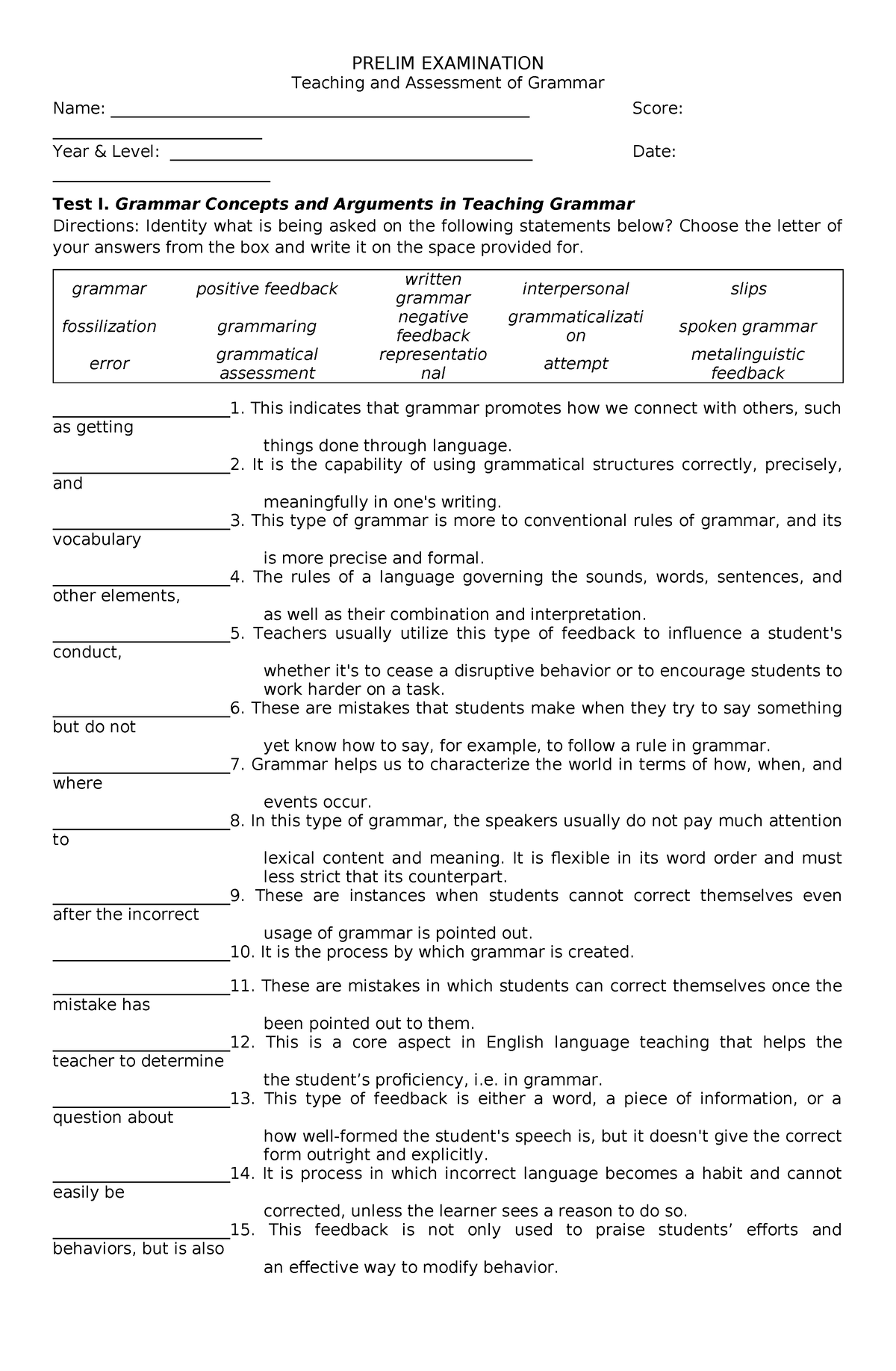 TL of Grammar EXAM - PRELIM EXAMINATION Teaching and Assessment of ...