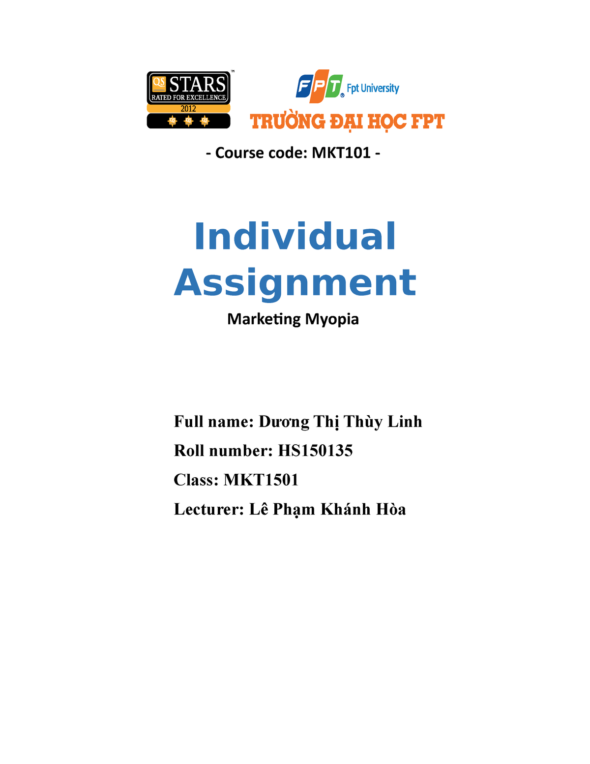 MKT101 Individual Assignment Dương Thị Thùy Linh HS150135 MKT1501 ...