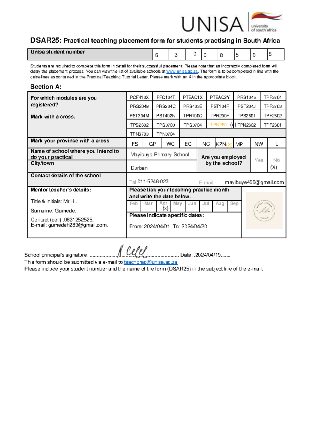 Unisa dsar25 2019 1 dsar25 practical teaching placement form for
