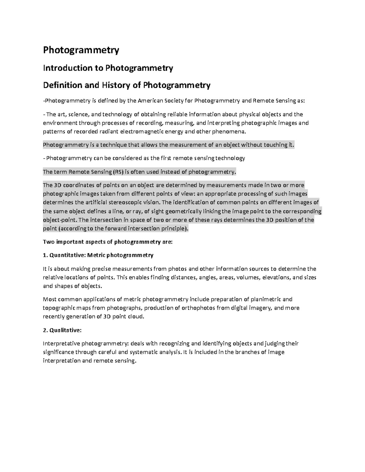 Photogrammetry - NOTES - Photogrammetry Introduction to Photogrammetry ...