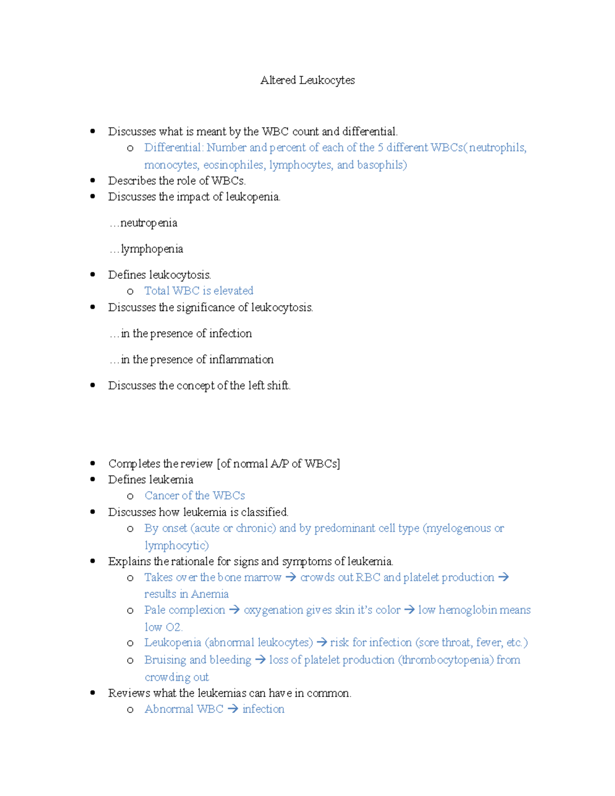 Altered Leukocytes - Notes for SCI 290- pathophysiology - Altered ...