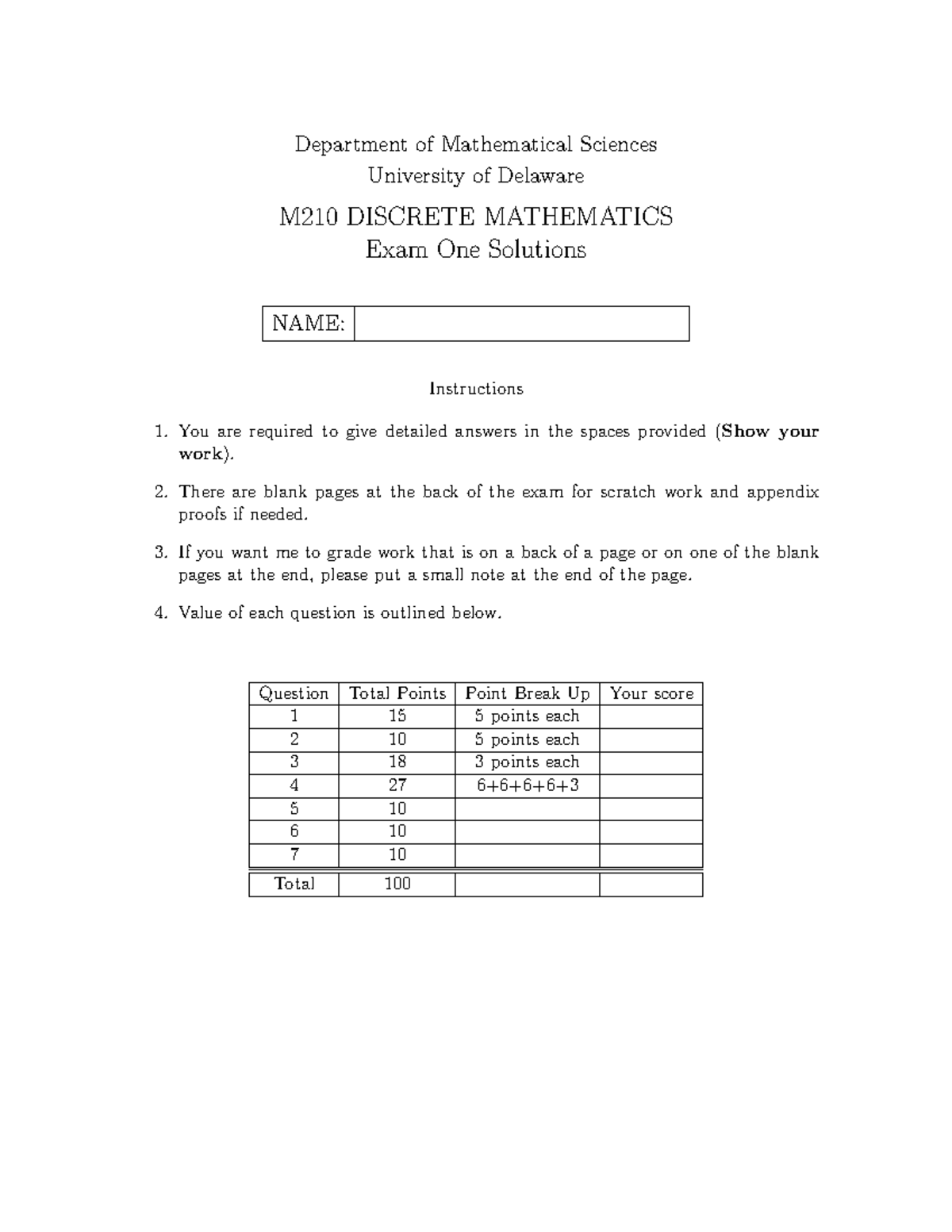 Exam1solns Discrete Math 1 Exam 1 Solutions Department Of