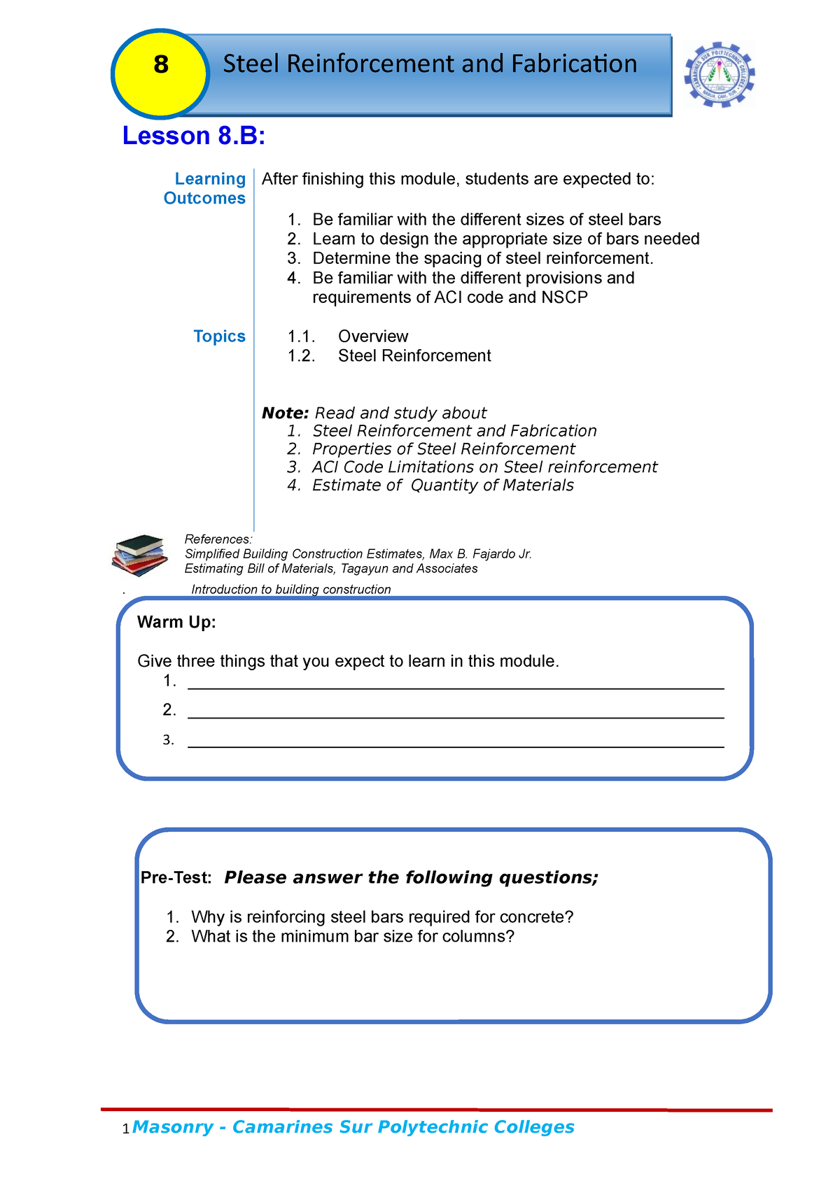 Module 8.B- Metal Reinforcement - 8 Lesson 8: Learning Outcomes After ...