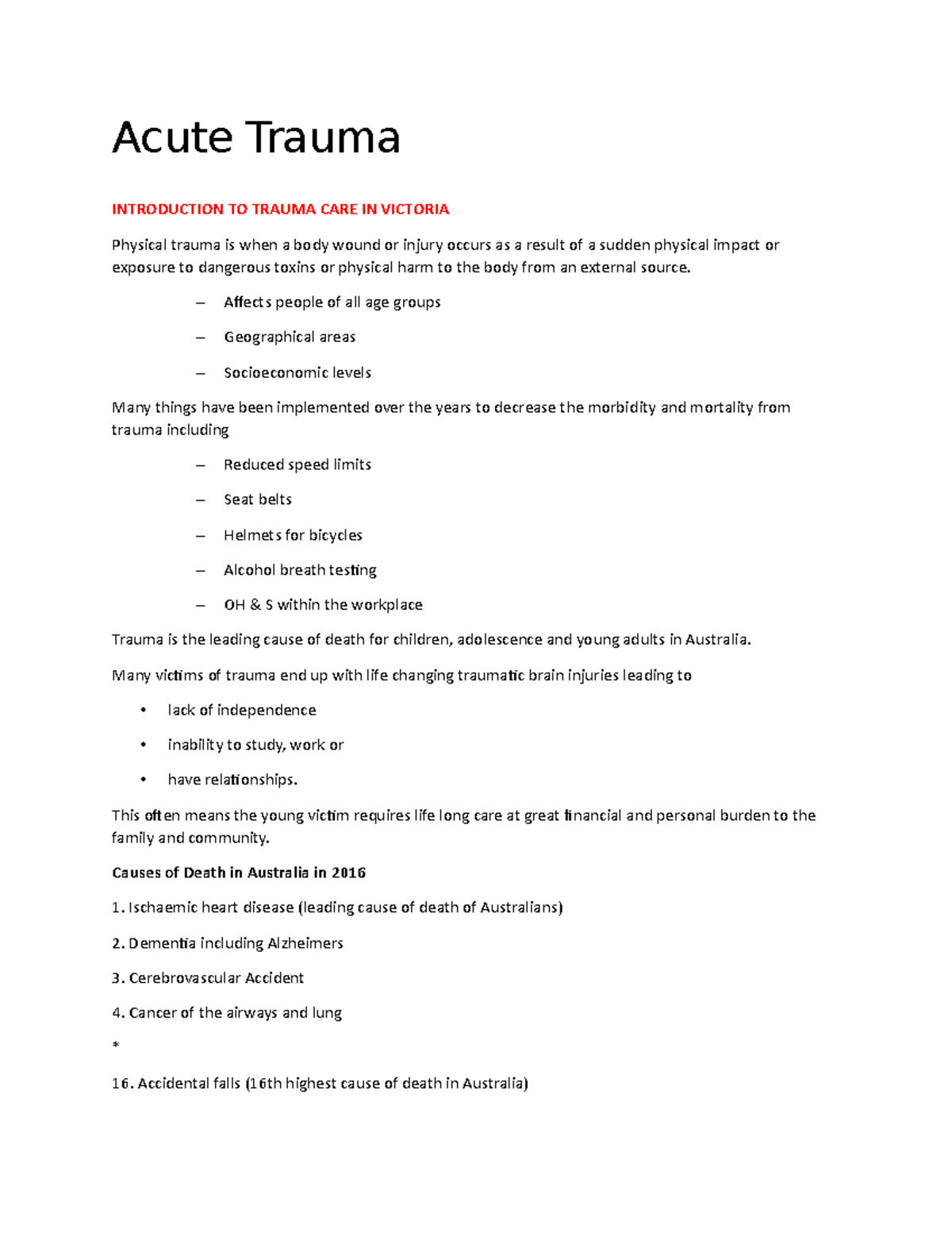 Acute Trauma in Nursing - Acute Trauma INTRODUCTION TO TRAUMA CARE IN ...