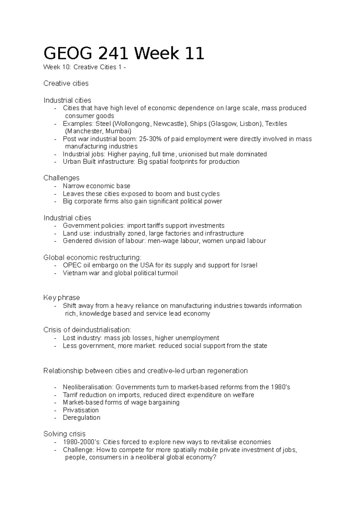 Geog 241 Week 10 Lecture and Exam notes GEOG 241 Week 11 Week 10