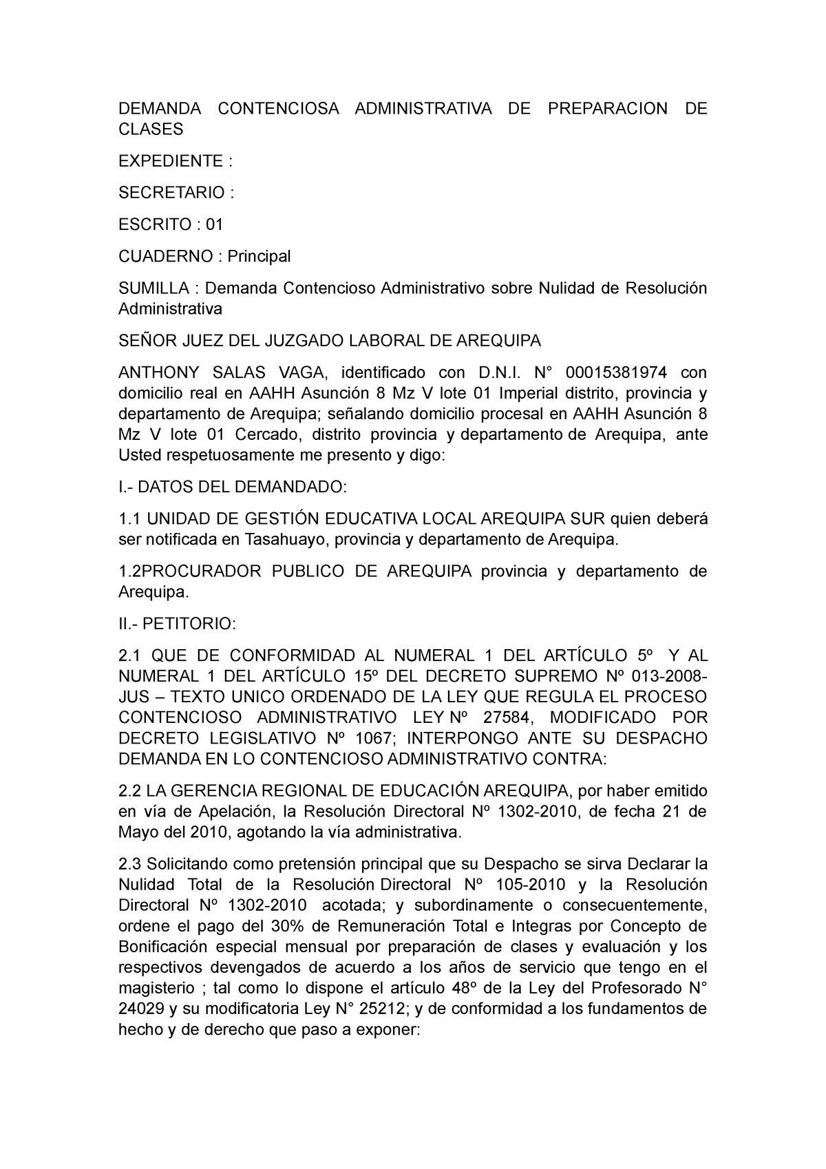 Modelo DE Demanda Contenciosa Administrativa DE Preparacion DE Clases - DEMANDA  CONTENCIOSA - Studocu