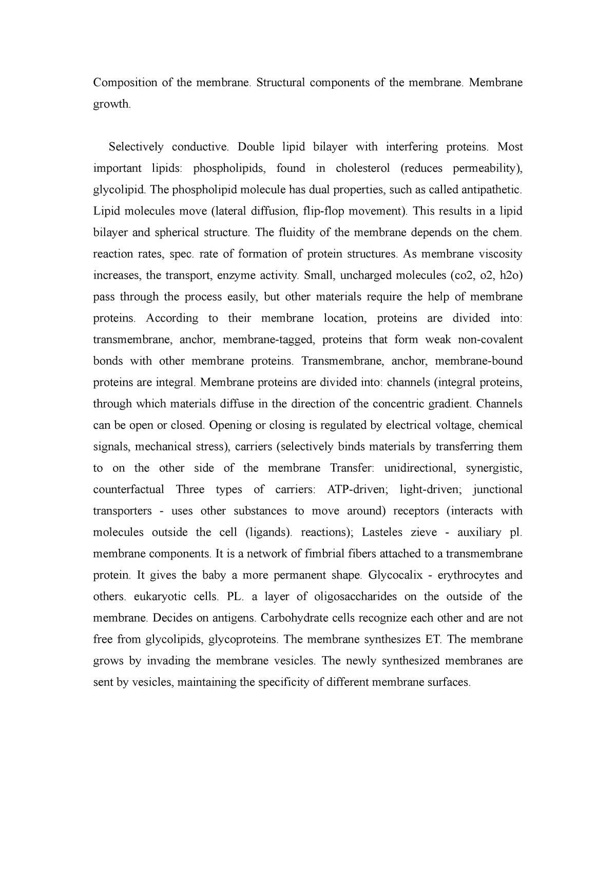 Composition Of The Membrane. Structural Components Of The Membrane ...