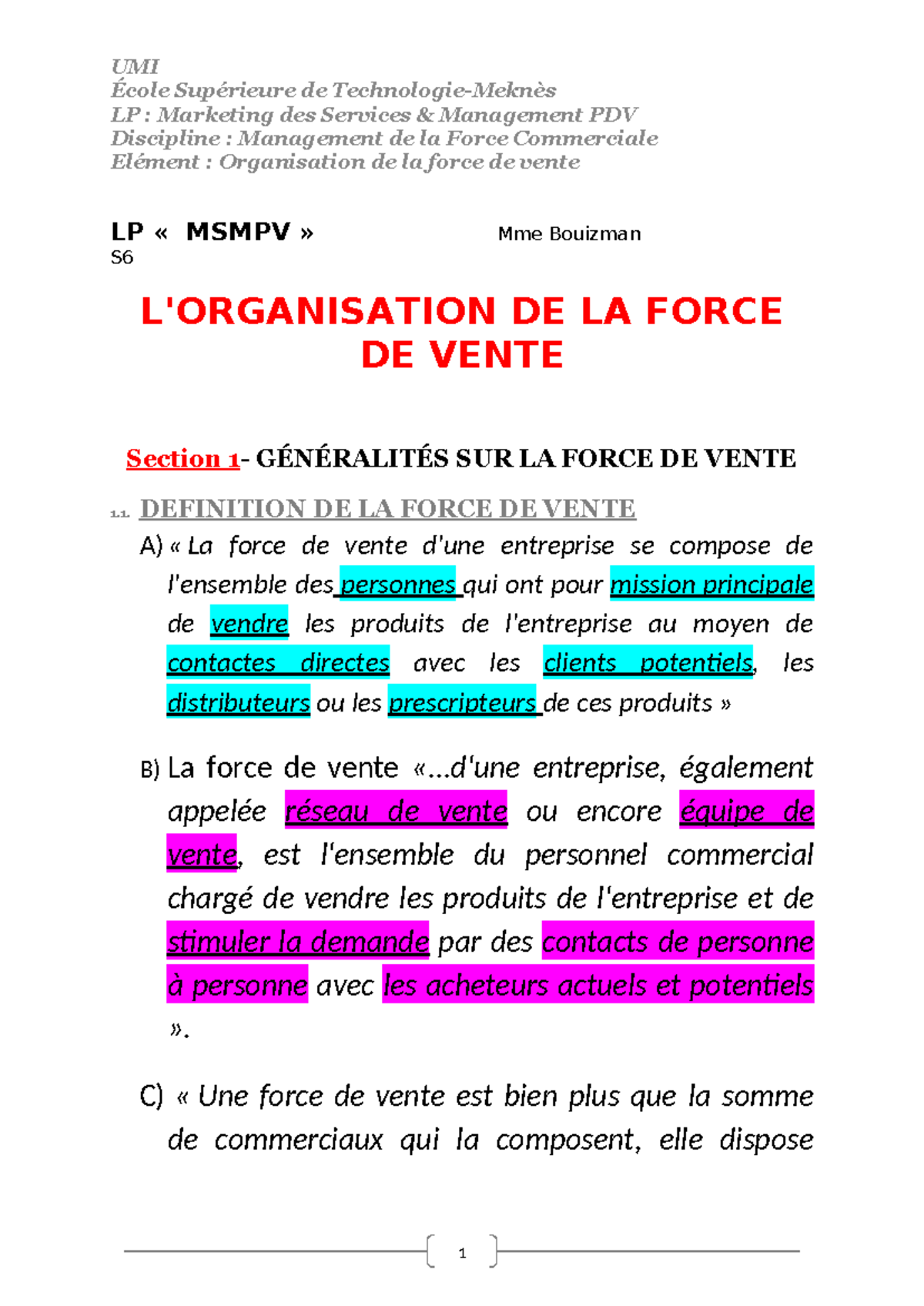 Copie Cours n°2- LP SUR Lorganisation DE LA Force DE Vente - Copie ...