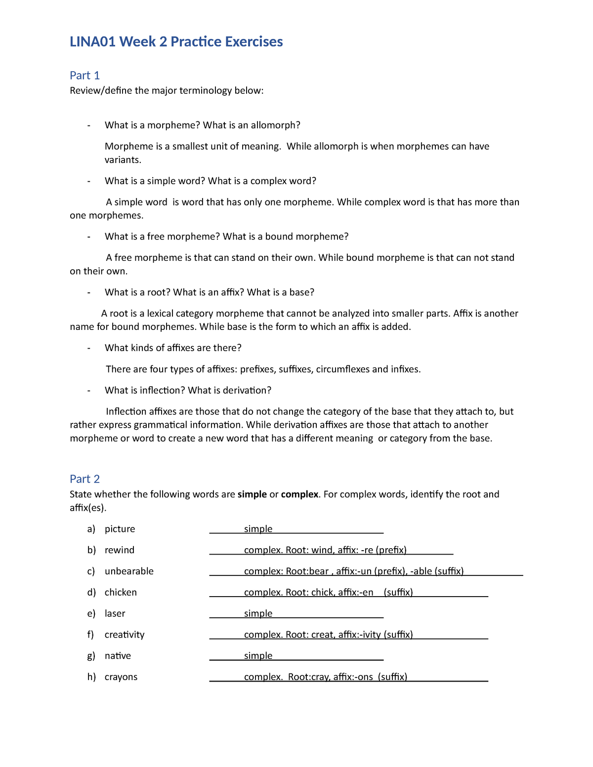Week 2 Practice Exercises With Answers PDF LINA01 Week 2 Prac0ce 