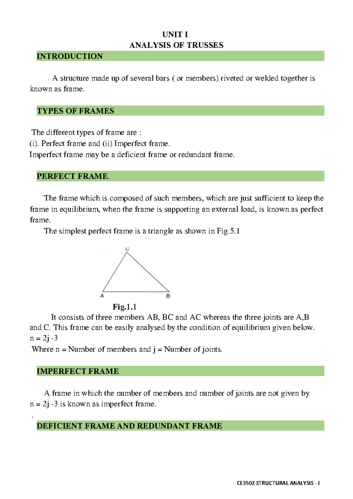 1 1 Introduction - Short Notes - CE 3502 STRUCTURAL ANALYSIS - I ...