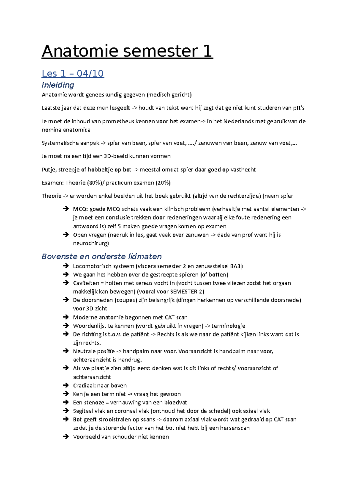 Anatomie Les 1 -nota's - Anatomie Semester 1 Les 1 – 04/ Inleiding ...