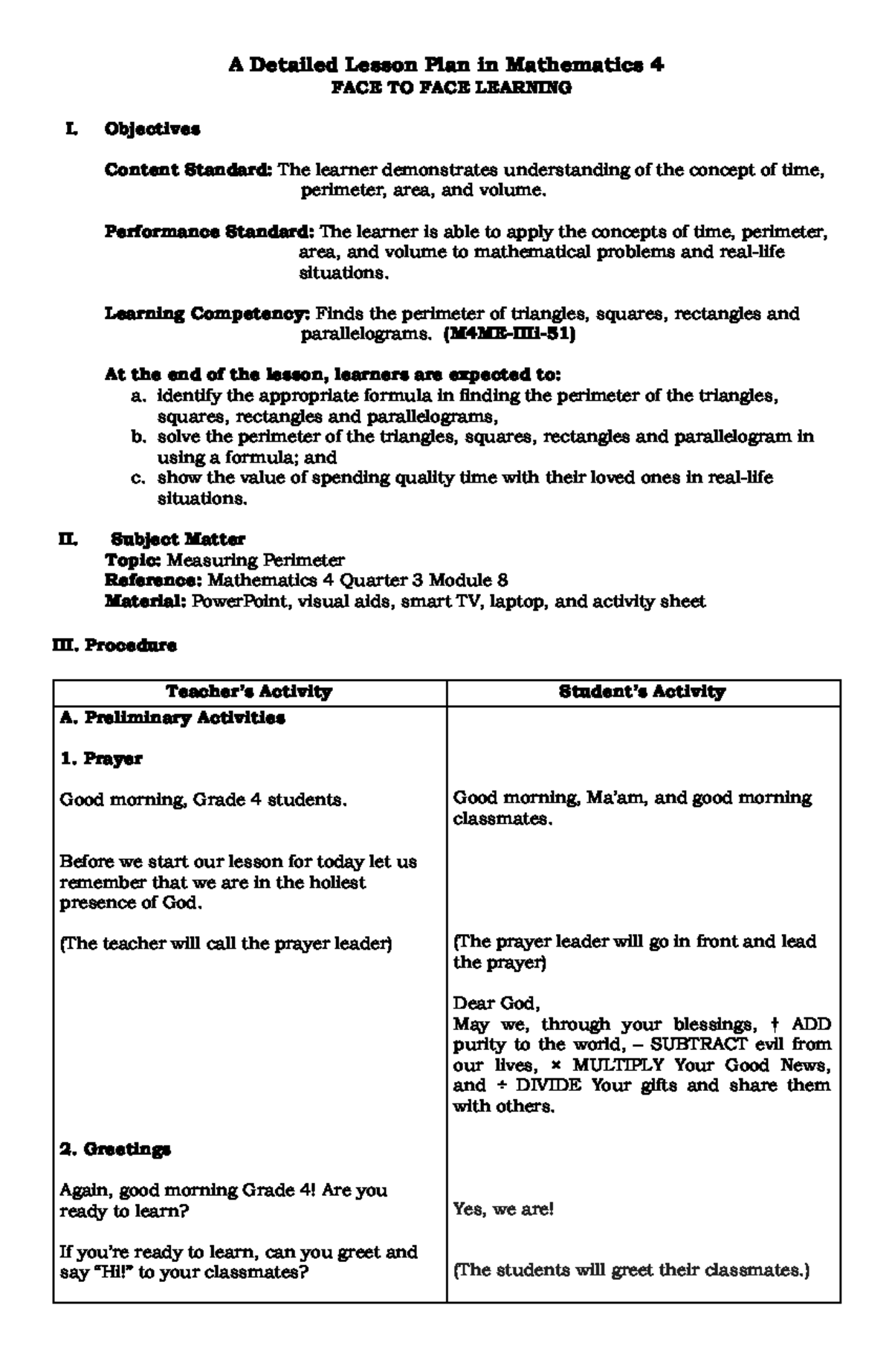 A Detailed Lesson Plan In Mathematics 4 1 - Objectives Content Standard 