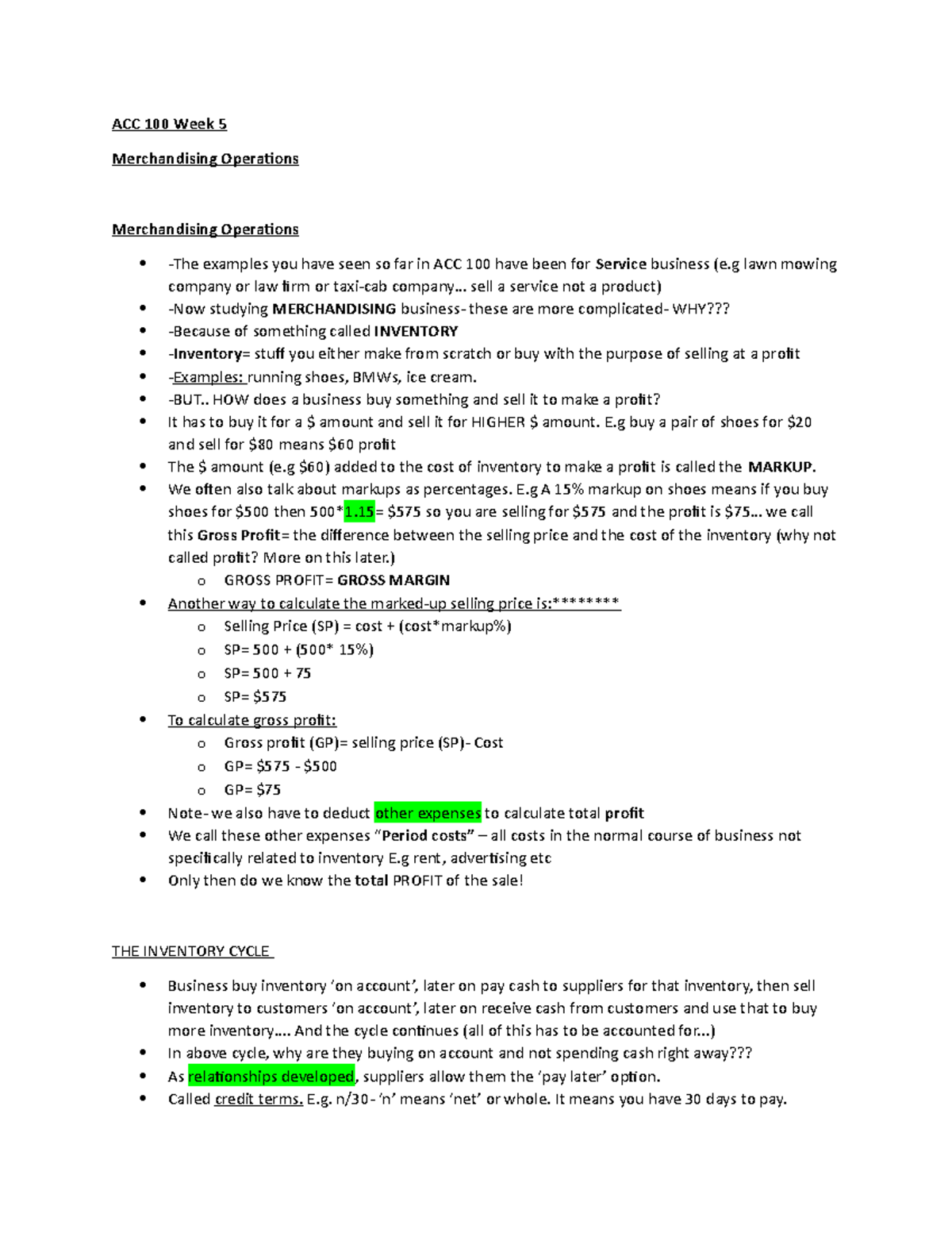 ACC100 Chapter 5 - Lecture notes 5 - ACC 100 Week 5 Merchandising ...