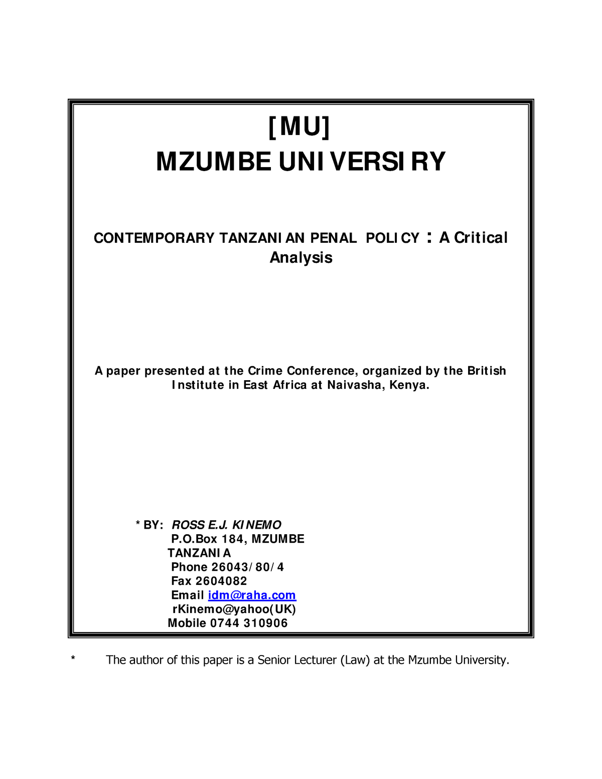 Contemporarytanzanianpenalpolicy Mu Mzumbe Uni Versi Ry Contemporary Tanzani An Studocu