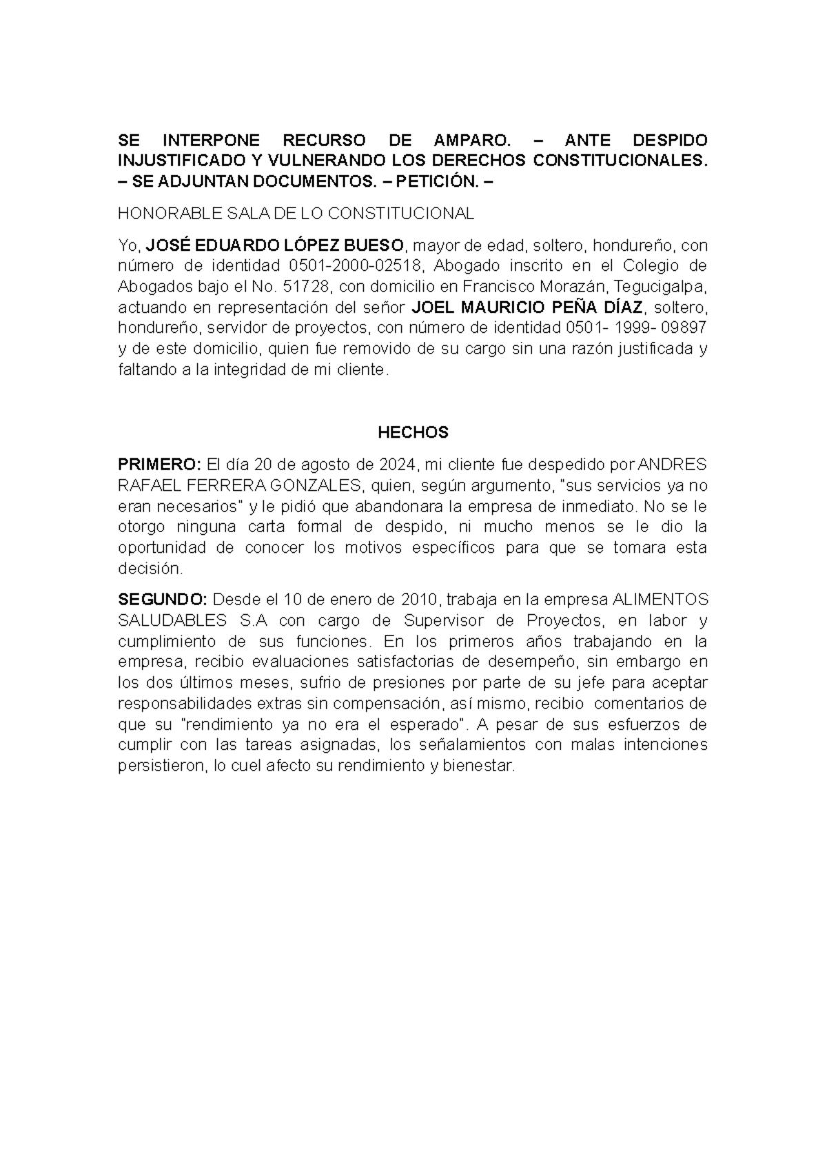 Recurso De Amparo - SE INTERPONE RECURSO DE AMPARO. – ANTE DESPIDO ...