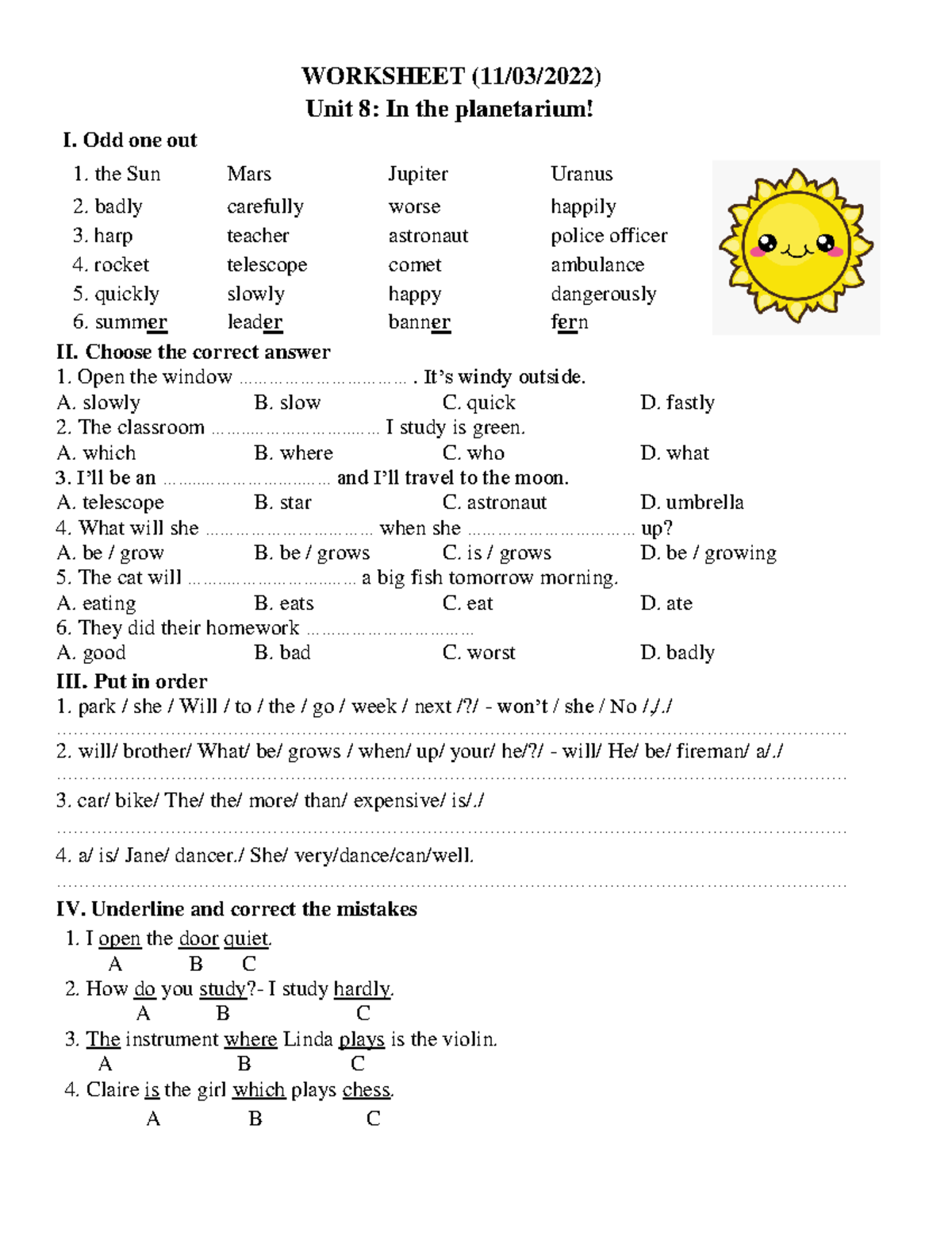Worksheet 11032022 - English - WORKSHEET (11/03/2022) Unit 8: In the ...