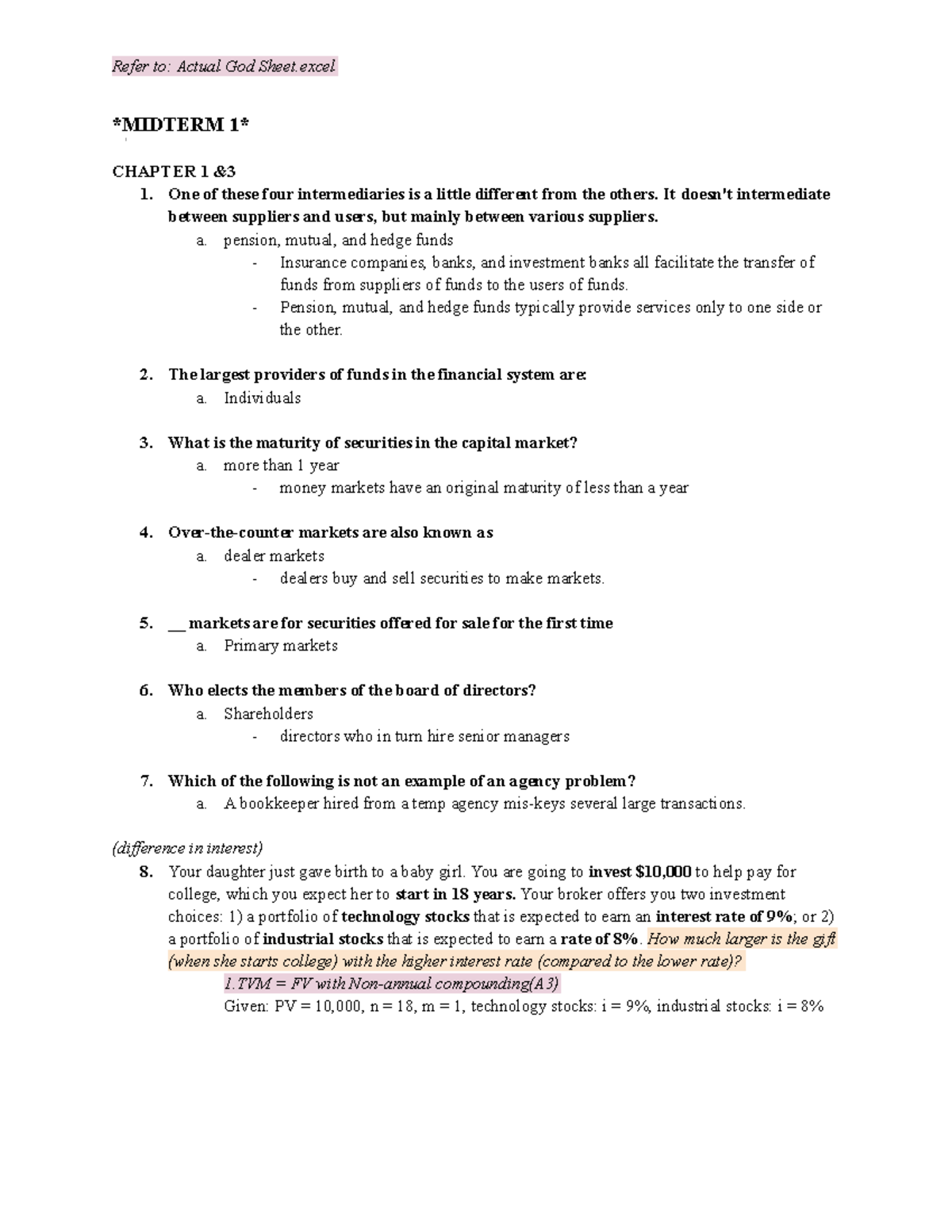 Finance Homework Notes - Refer to: Actual God Sheet MIDTERM 1 CHAPTER 1 ...