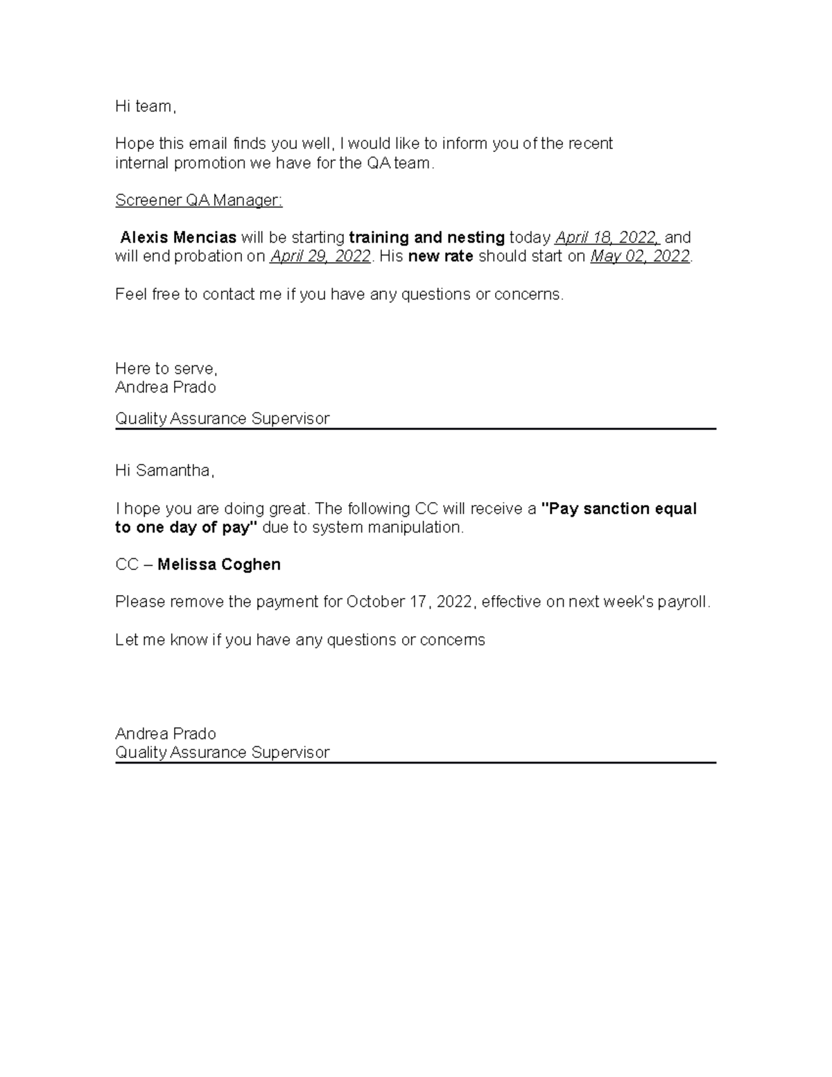 Email templates QA - Correos - Hi team, Hope this email finds you well ...