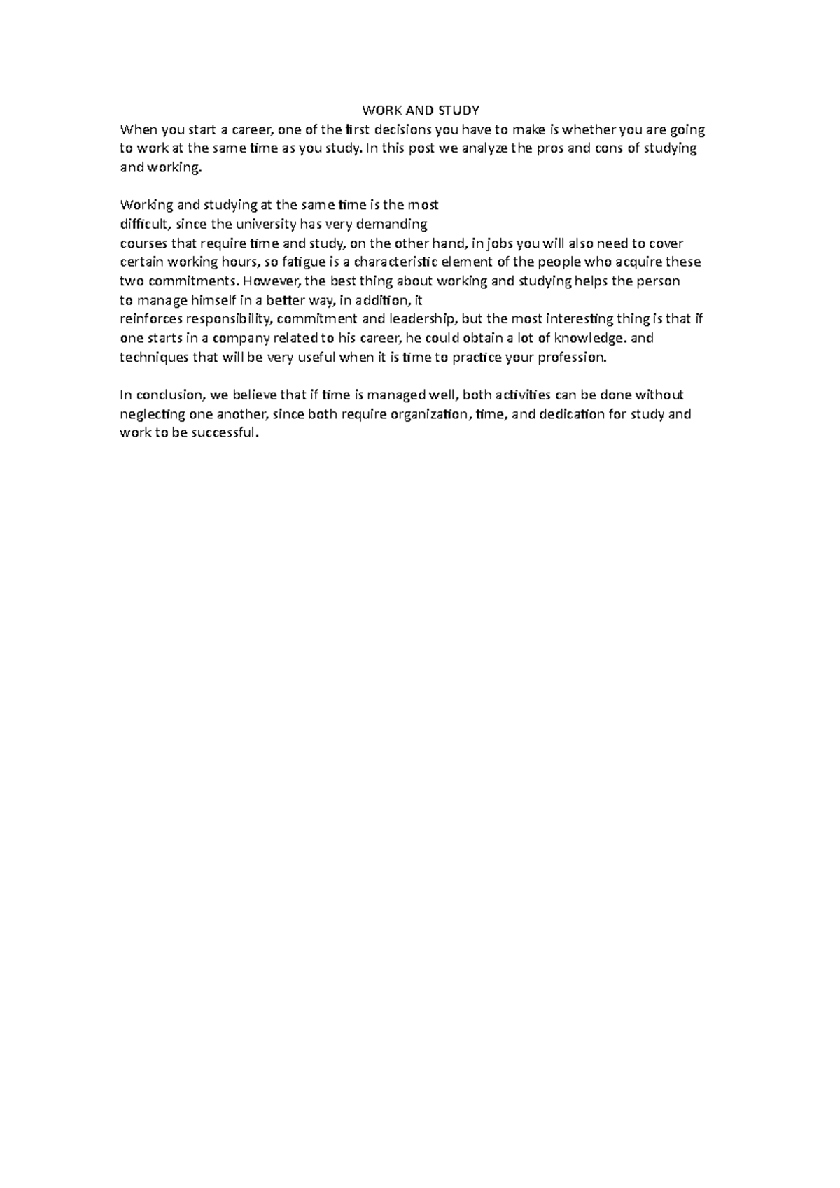 (AC-S04) Work and study - WORK AND STUDY When you start a career, one ...