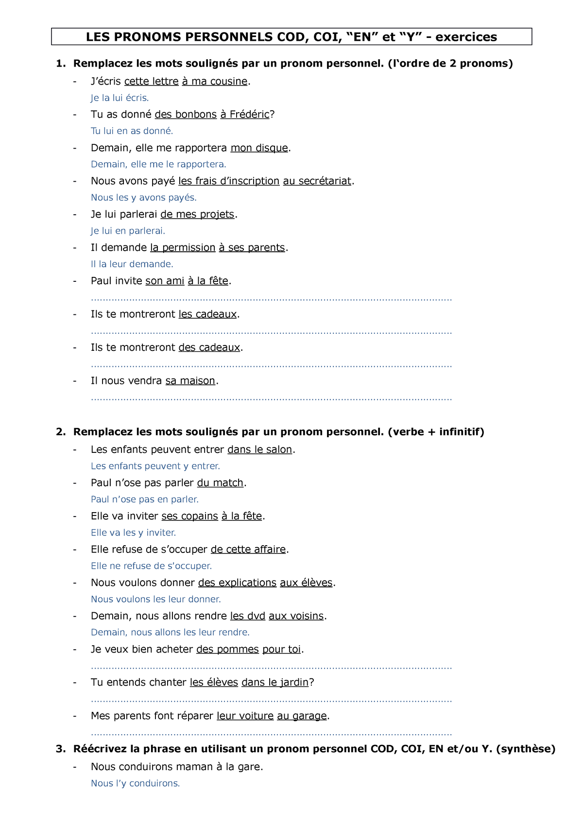 Les Pronoms Personnels COD, COI, EN Et Y 2122 - Exercices - LES PRONOMS ...