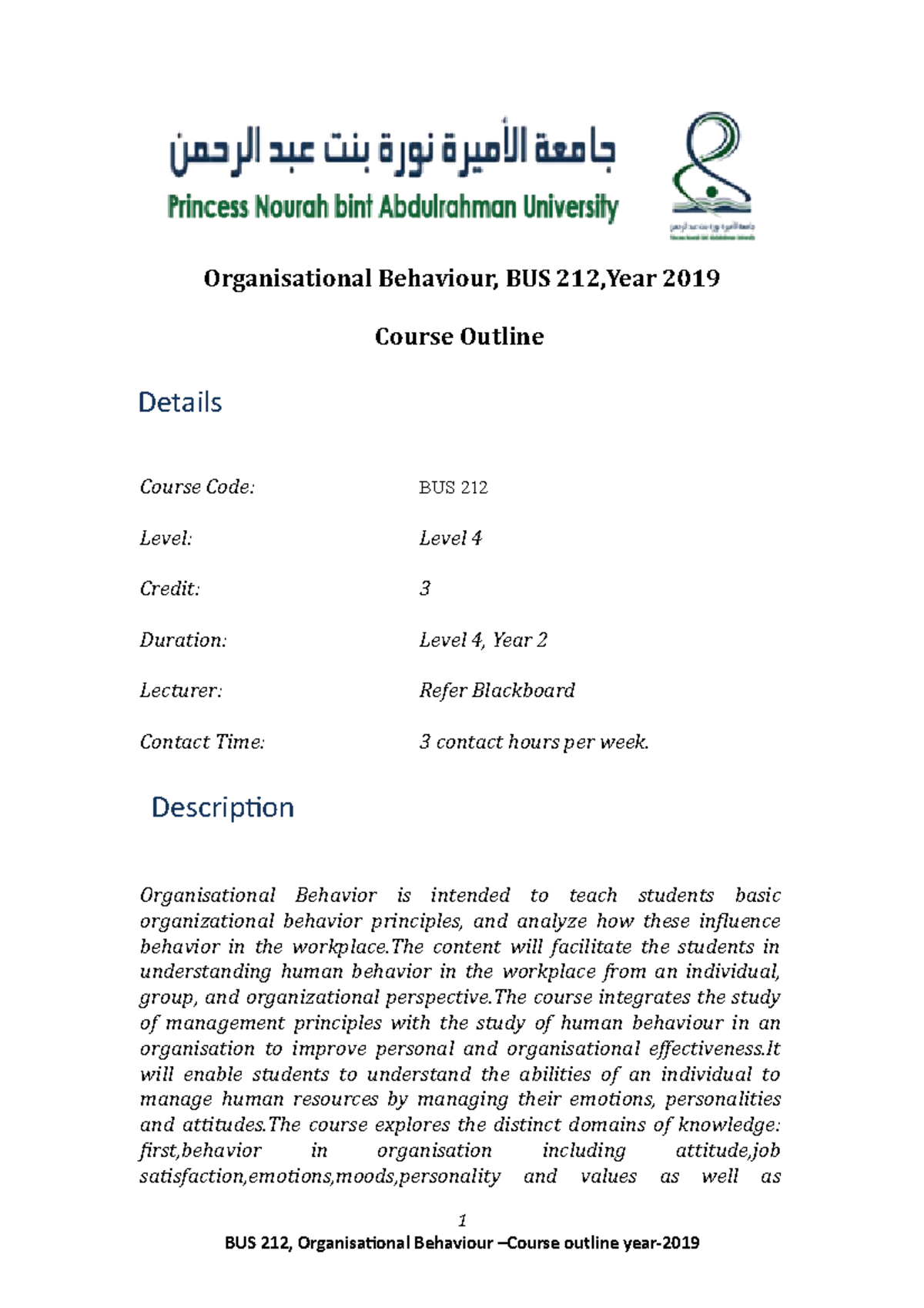 Updated OB Course Outline - Organisational Behaviour, BUS 212,Year 2019 ...