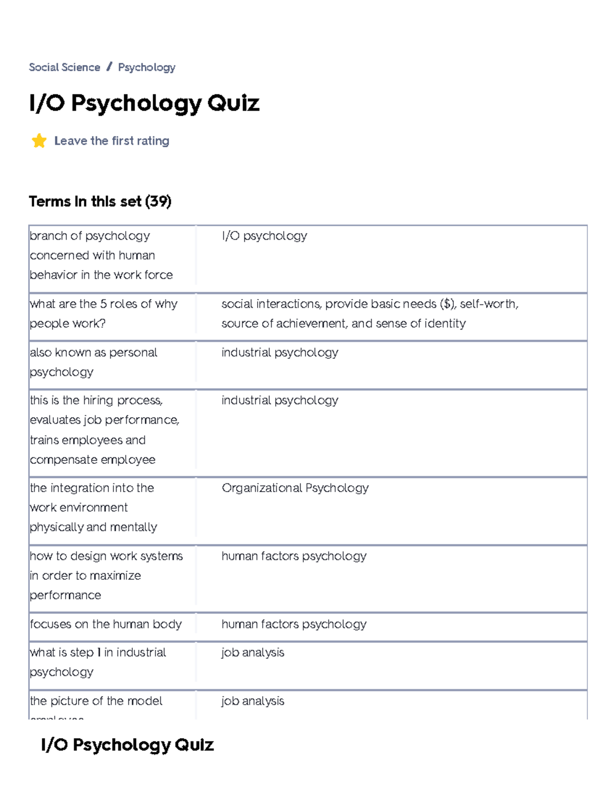 I O Psychology Quiz Flashcards Quizlet - I/O Psychology Quiz Social ...