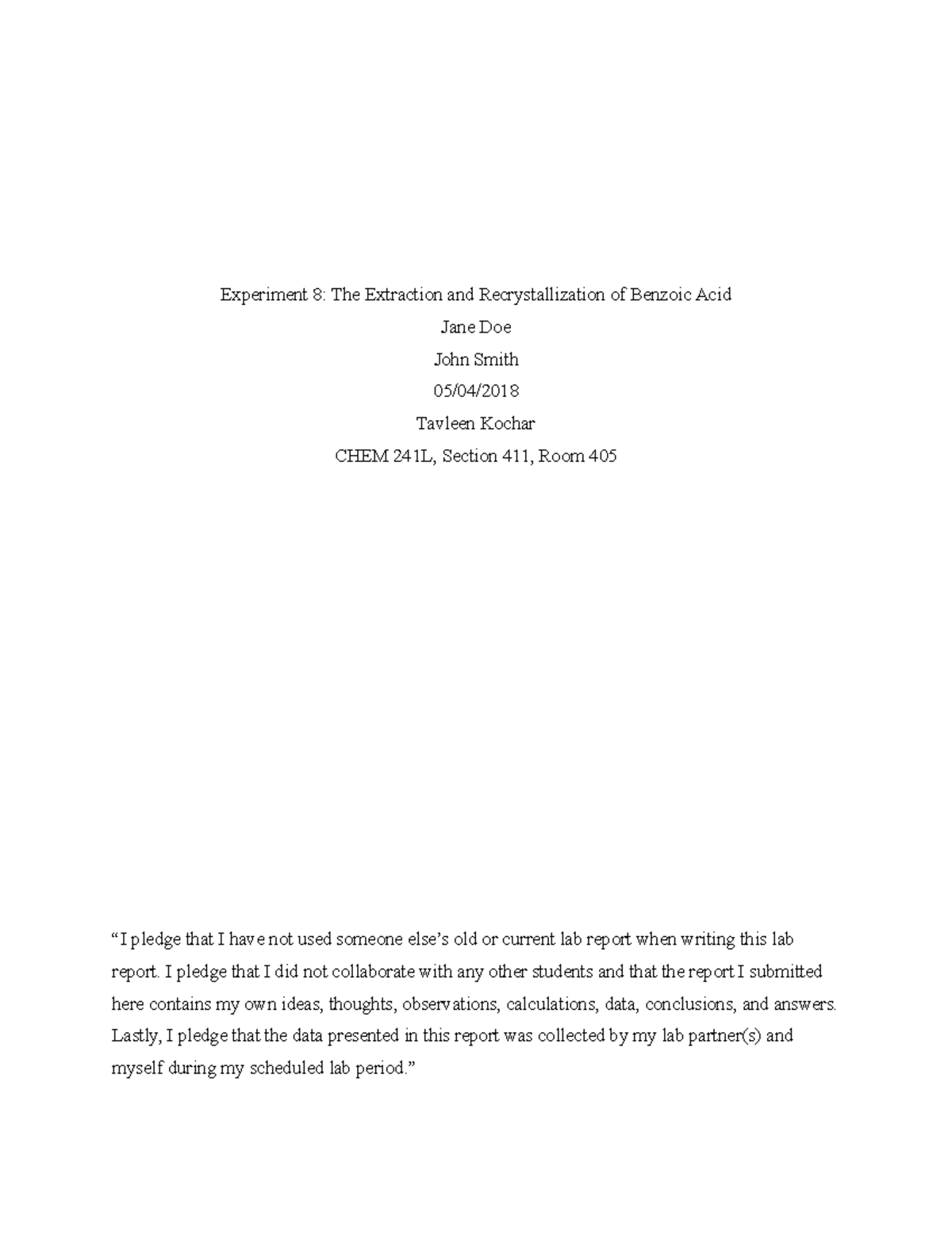 Sample Lab Report Updated 18 Experiment 8 The Extraction And Recrystallization Of Benzoic Studocu