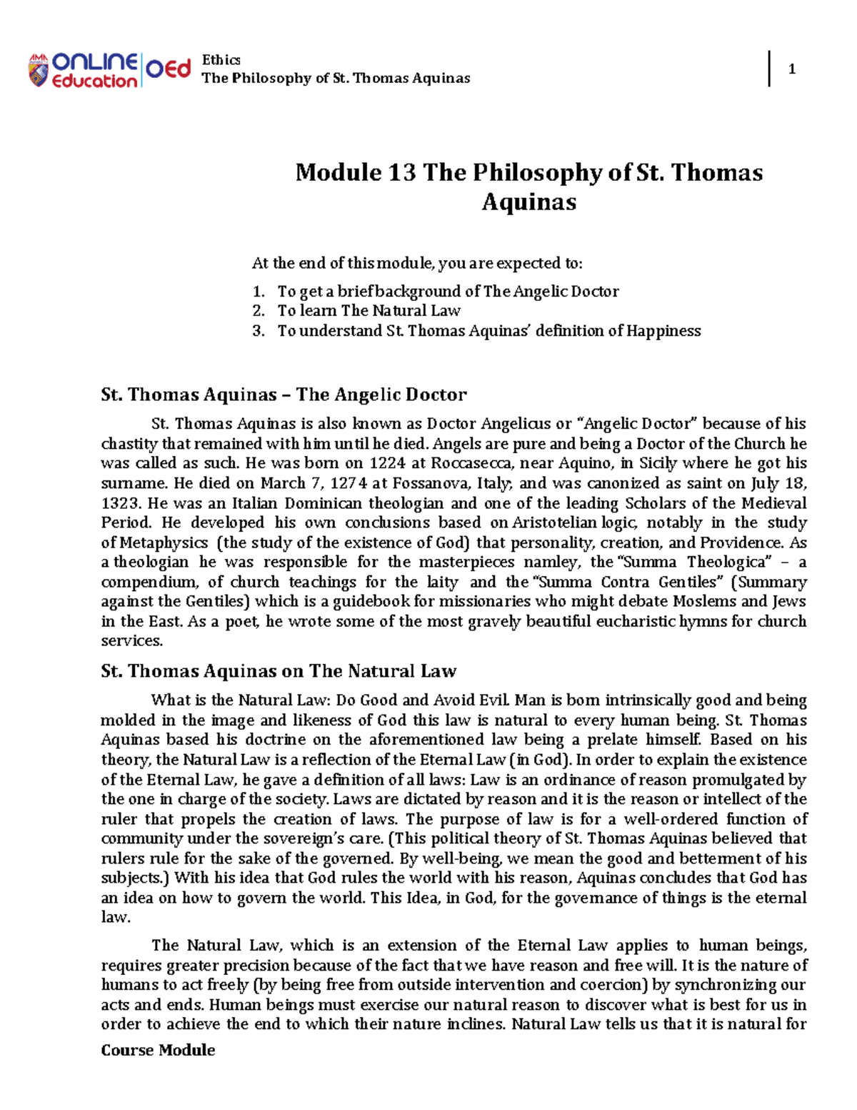 Module 13 The Philosophy Of St. Thomas Aquinas - Ethics The Philosophy ...