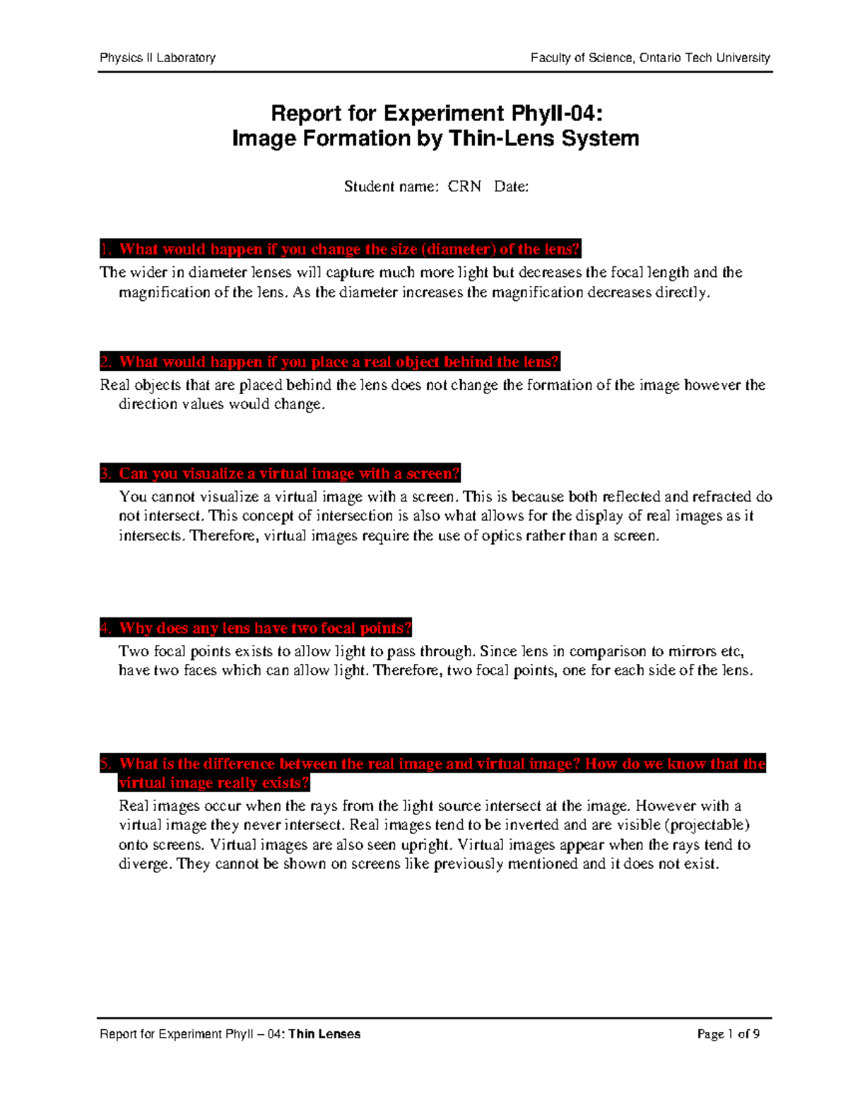 Thin Lenses Lab for Physics 2 Report for Experiment PhyII04 Image