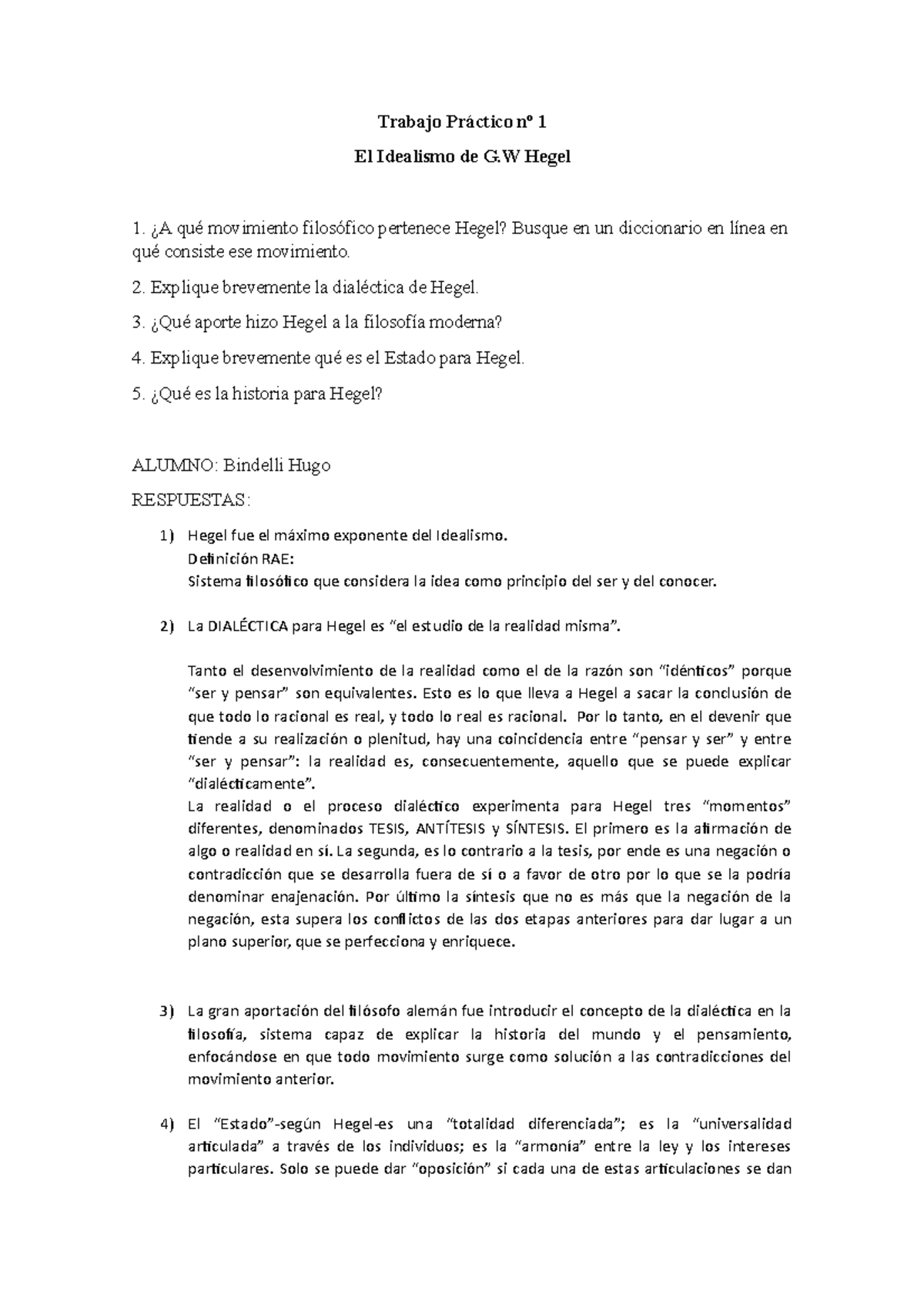 Trabajo Práctico Nº 1 El Idealismo De Hegel - ¿A Qué Movimiento ...