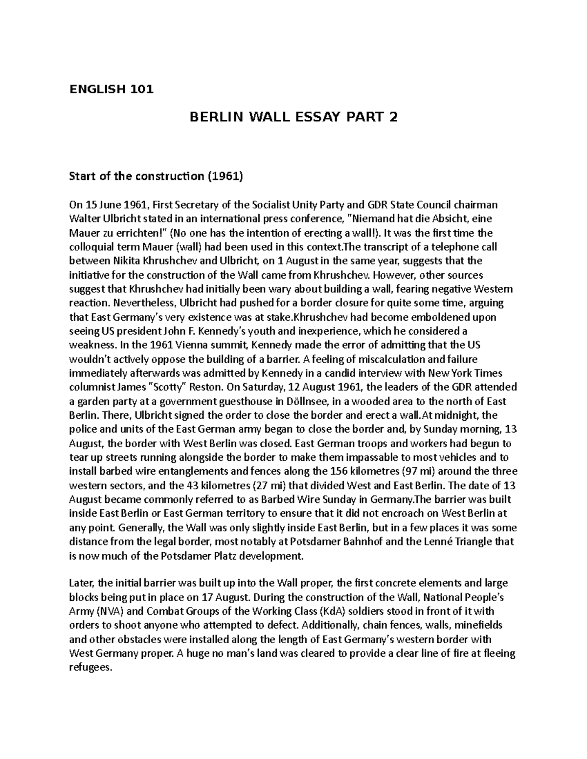 berlin wall essay points