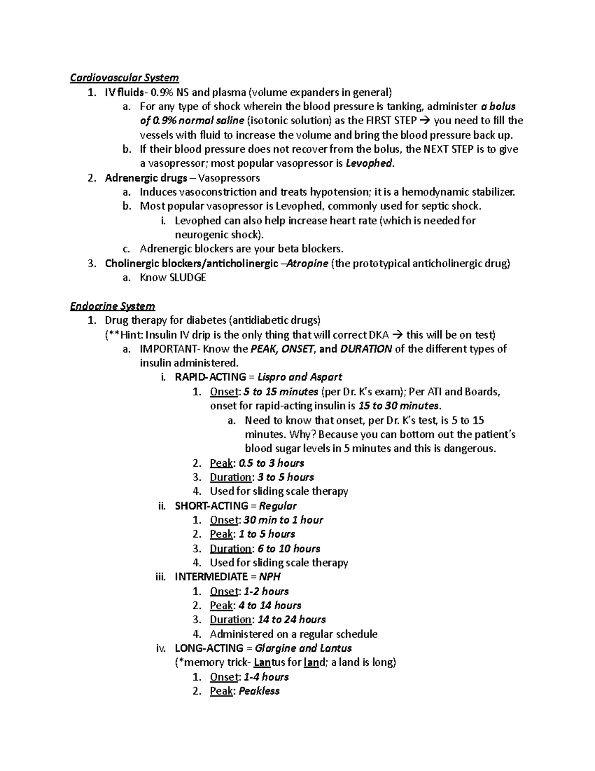 Pharm 2 Exam 4 Notes - Cardiovascular System 1. IV fluids- 0% NS and ...