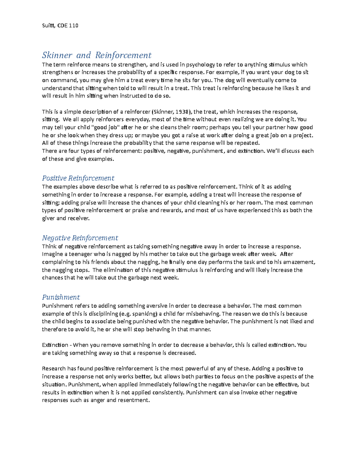 Skinner Reinforcementn Study Guide Child Development CDE118 Suitt, CDE 110 Skinner and Studocu