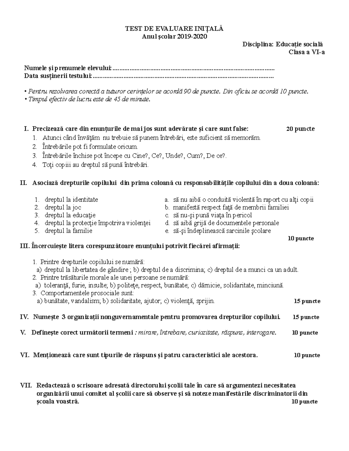 0 test initial clasa a via - TEST DE EVALUARE INIŢALĂ Anul şcolar 2019 ...