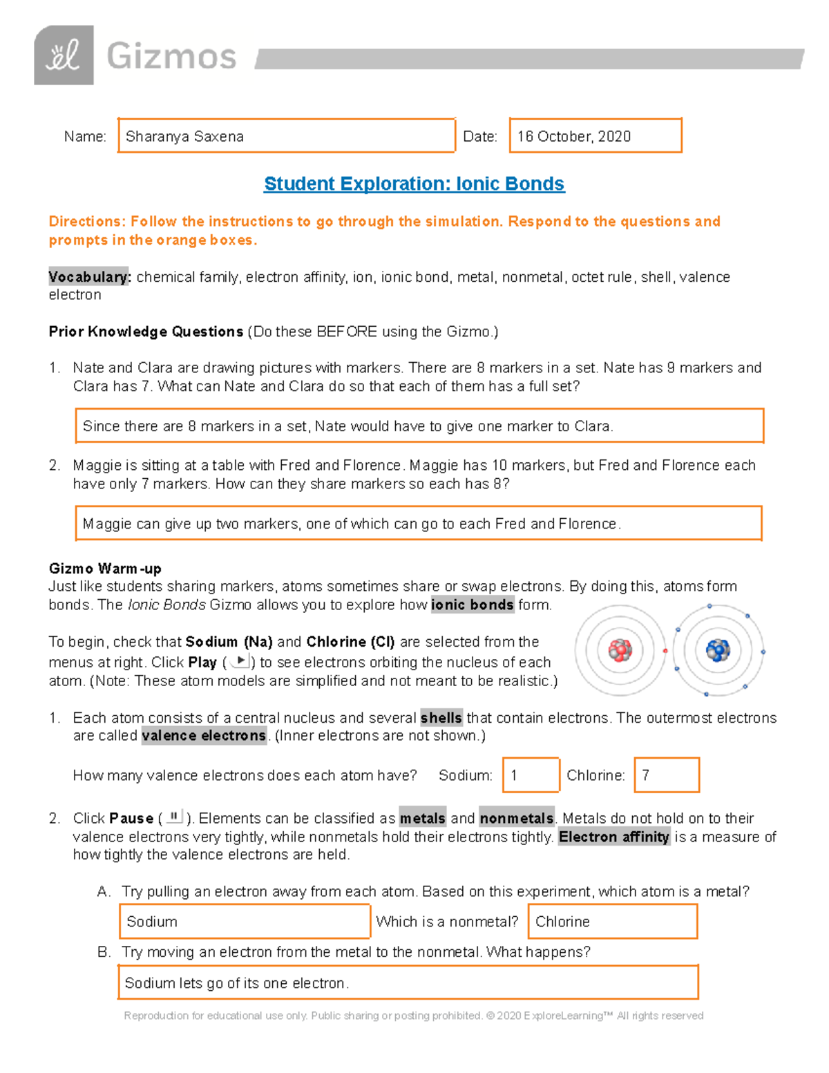 Sharanya Saxena - Copy of Ionic Bonds SE - Name: Sharanya Saxena For Ionic Bonding Worksheet Answer Key