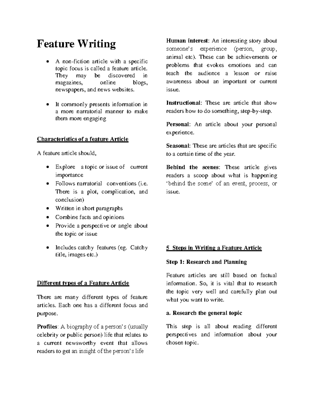 Feature-Writing-Handouts - Feature Writing A non-fiction article with a ...