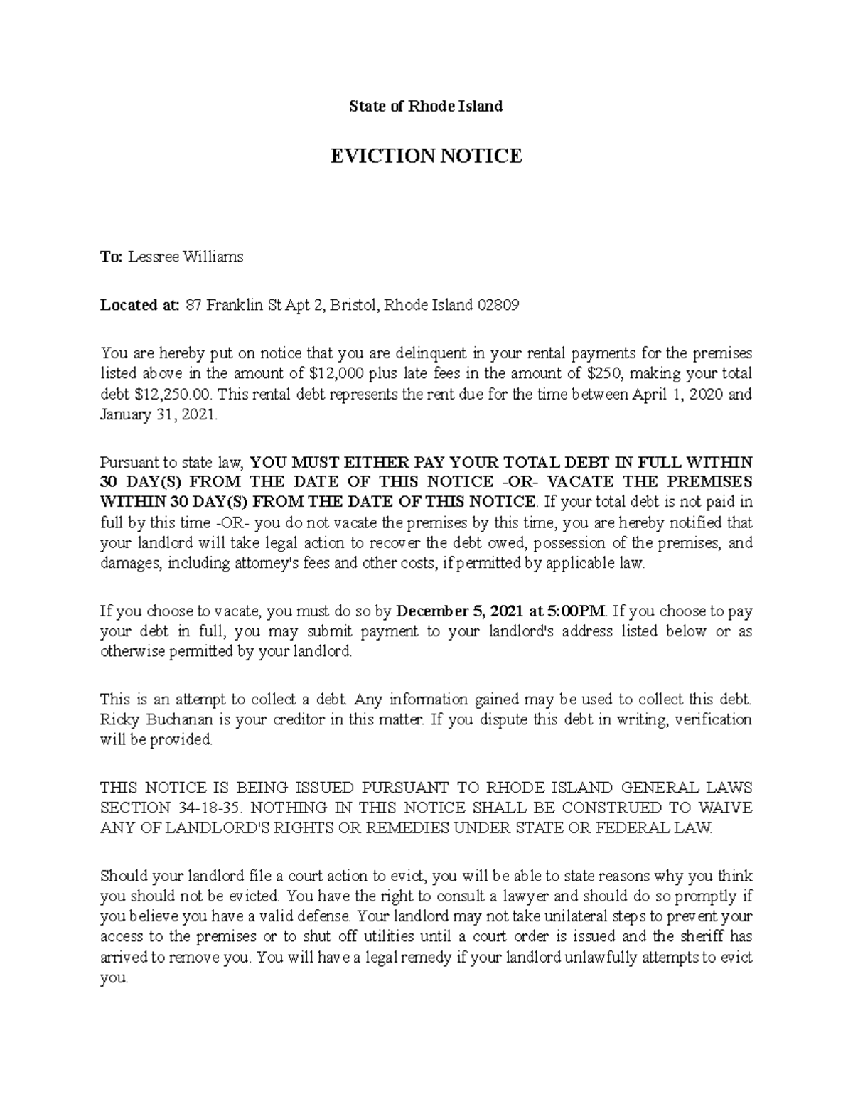 Eviction Notice for 2021 State of Rhode Island EVICTION NOTICE To