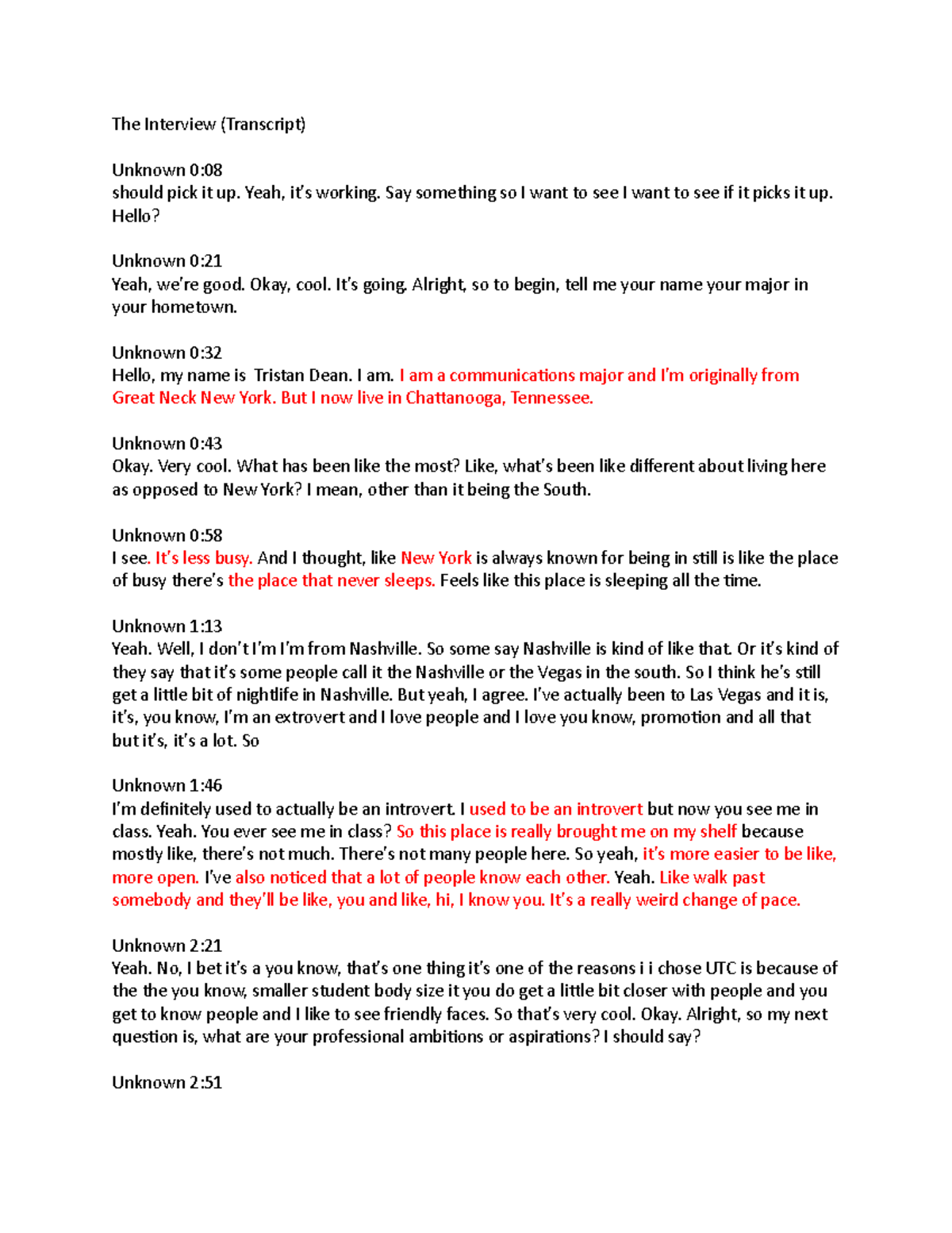 Personality profile assignment - The Interview (Transcript) Unknown 0 ...