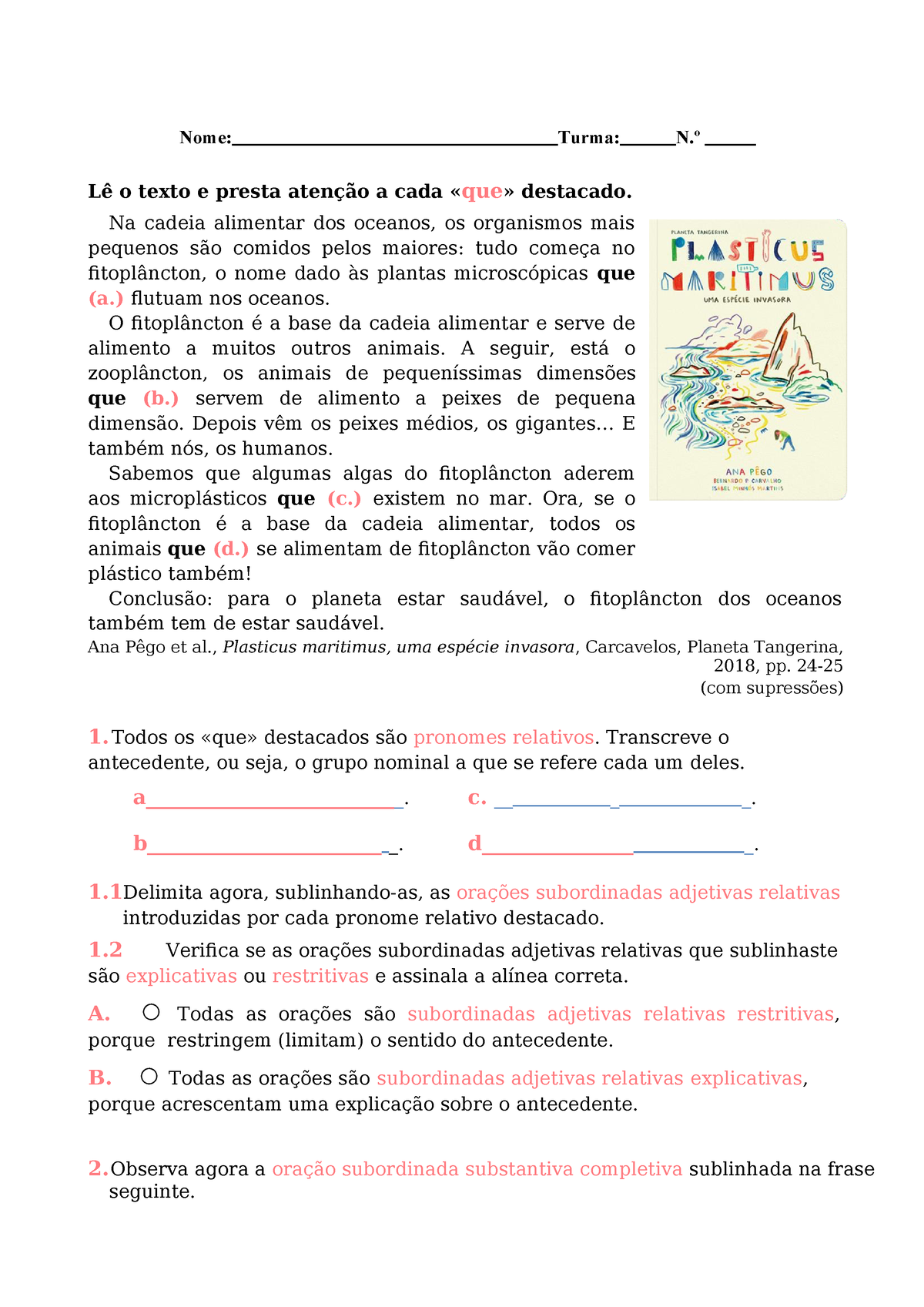 Ficha Portugues 9 Ano Orações Subordinadas Adjetivas Relativas E ...