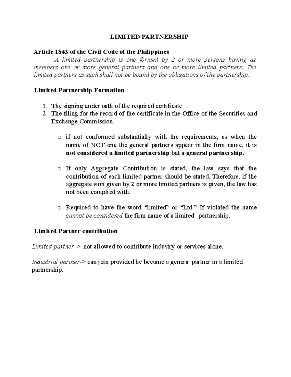 Partnership law: Limited Partnership - LIMITED PARTNERSHIP Article 1843 ...