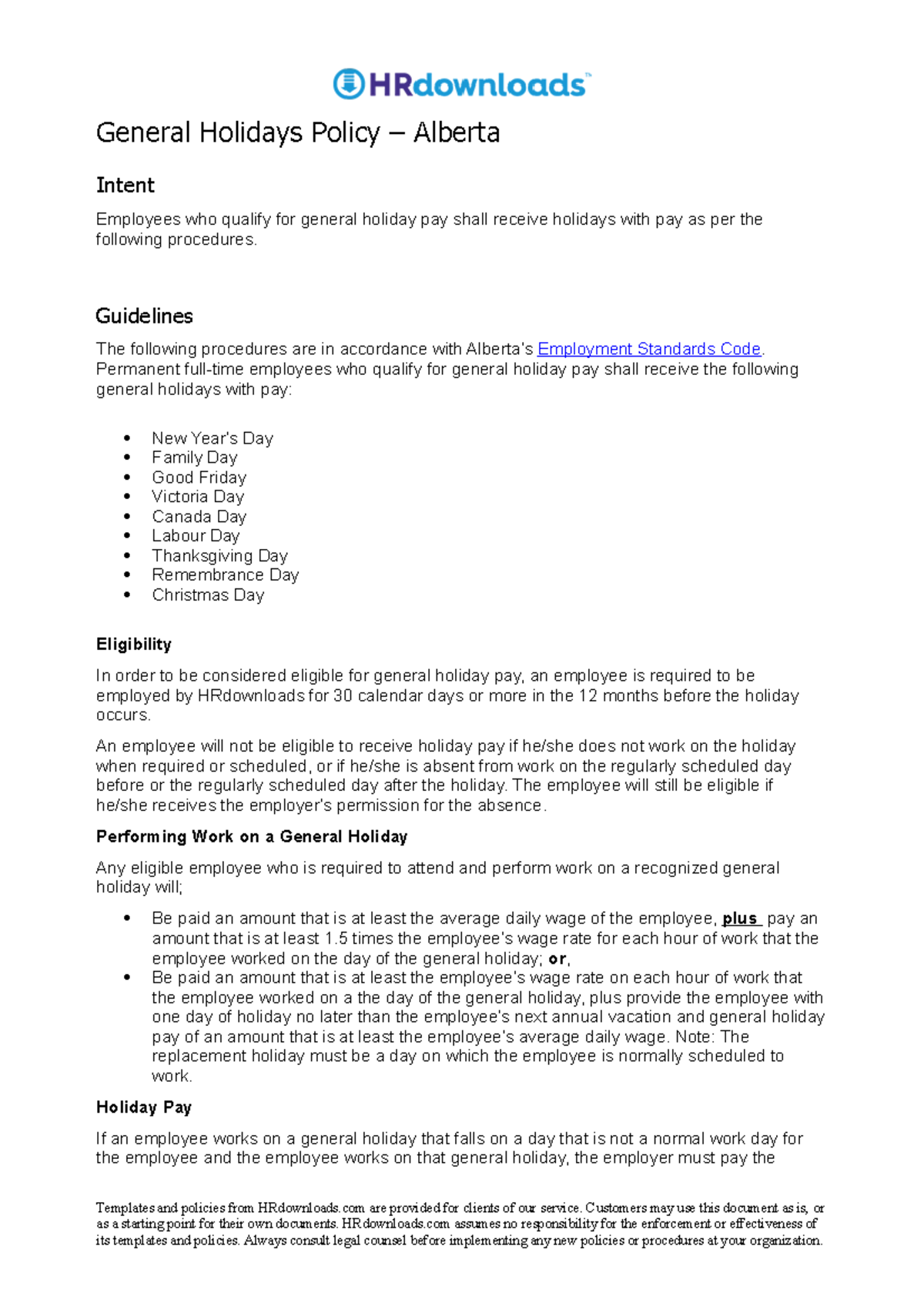 General Holidays Policy Alberta General Holidays Policy Alberta